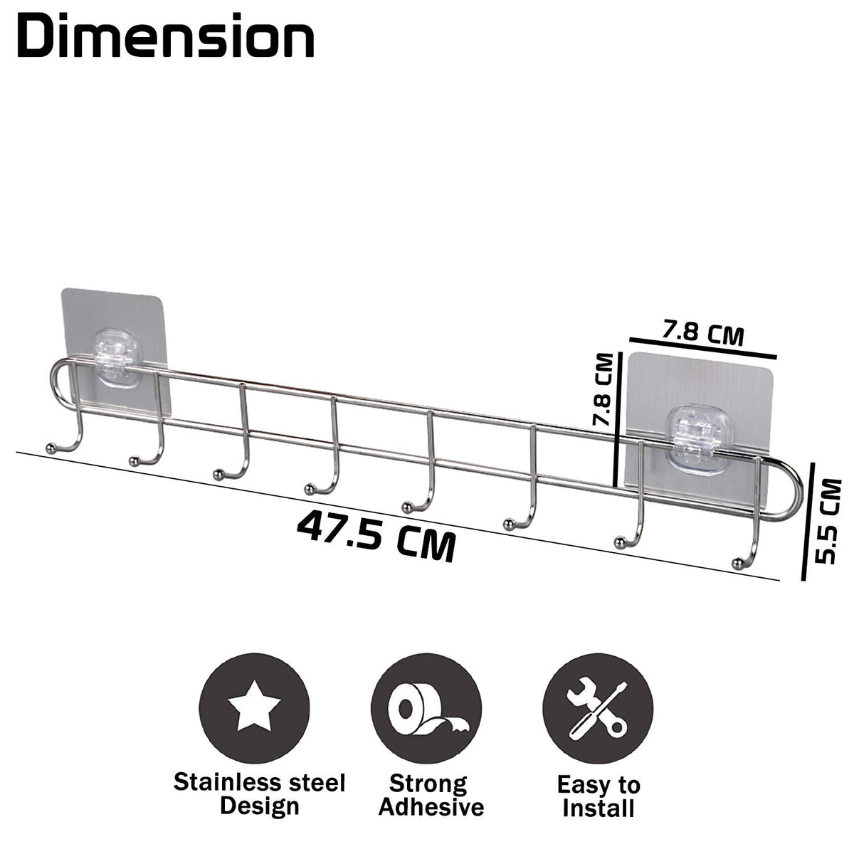 Magic Sticker Series Self Adhesive Stainless Steel 6/8 Hook Rail - 5KG Load Capacity