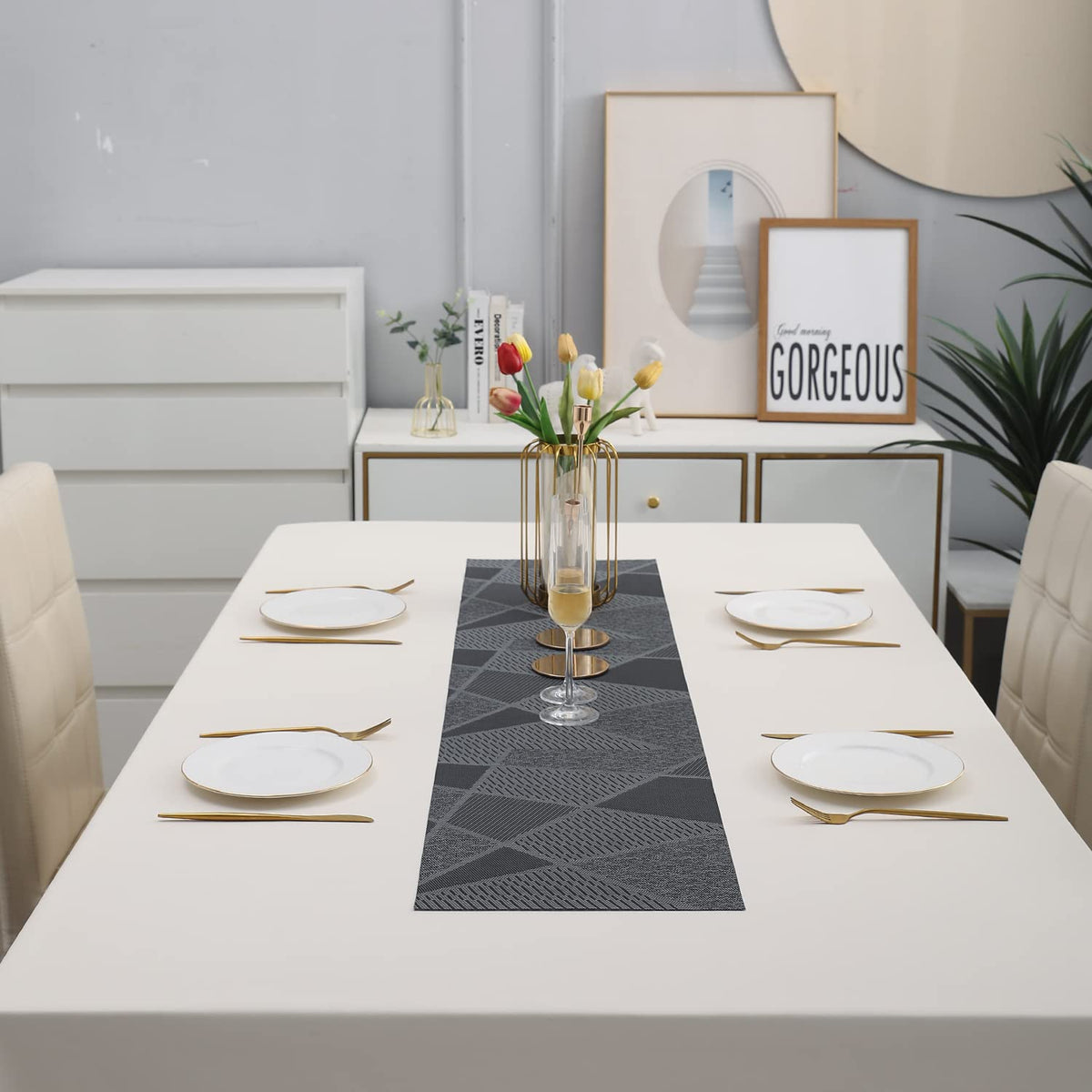 Buy Abstract Black Colour PVC Dining Table Runner - HOKIPO | Har Ghar Ka Humsafar