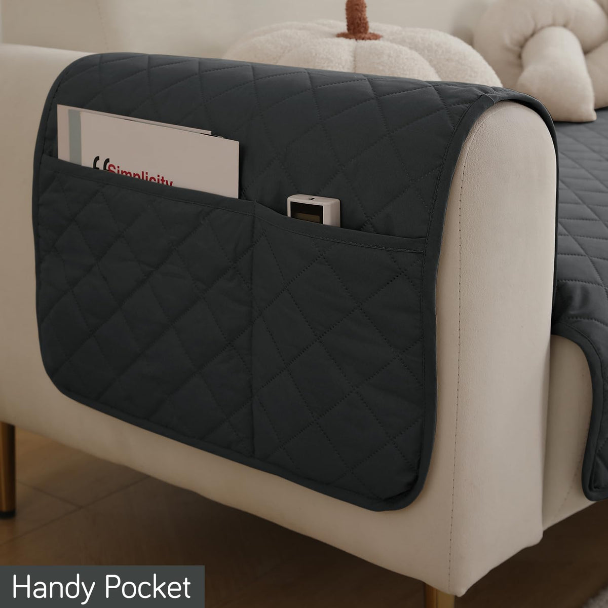 Quilted Waterproof Sofa Seat Mat for 1/2/3 Seater Sofa with 2 Armrest Covers with Pockets, Grey