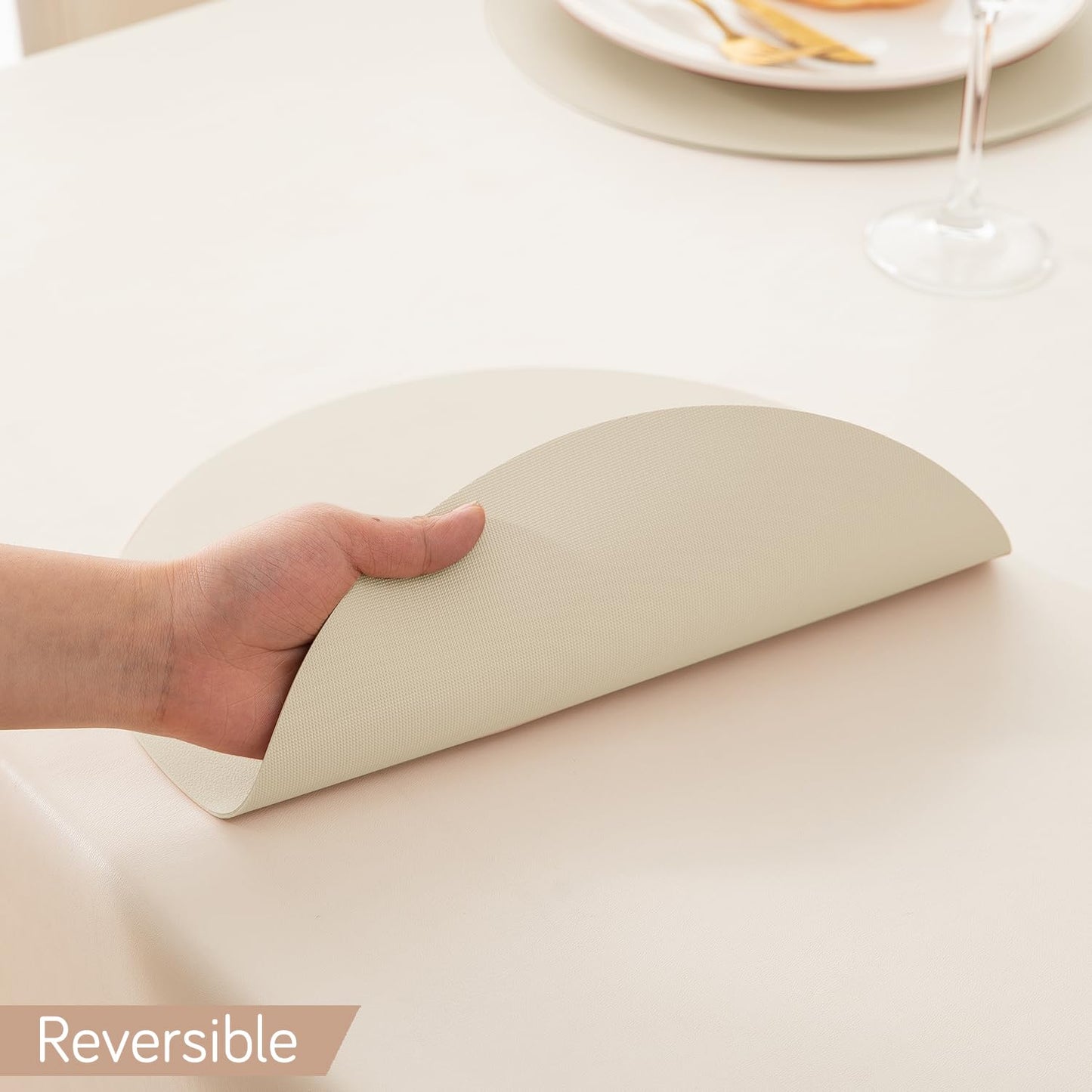 Premium Faux Leather Dining Table Round Mats, Cream
