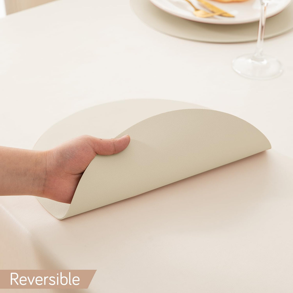 Premium Faux Leather Dining Table Round Mats, Cream