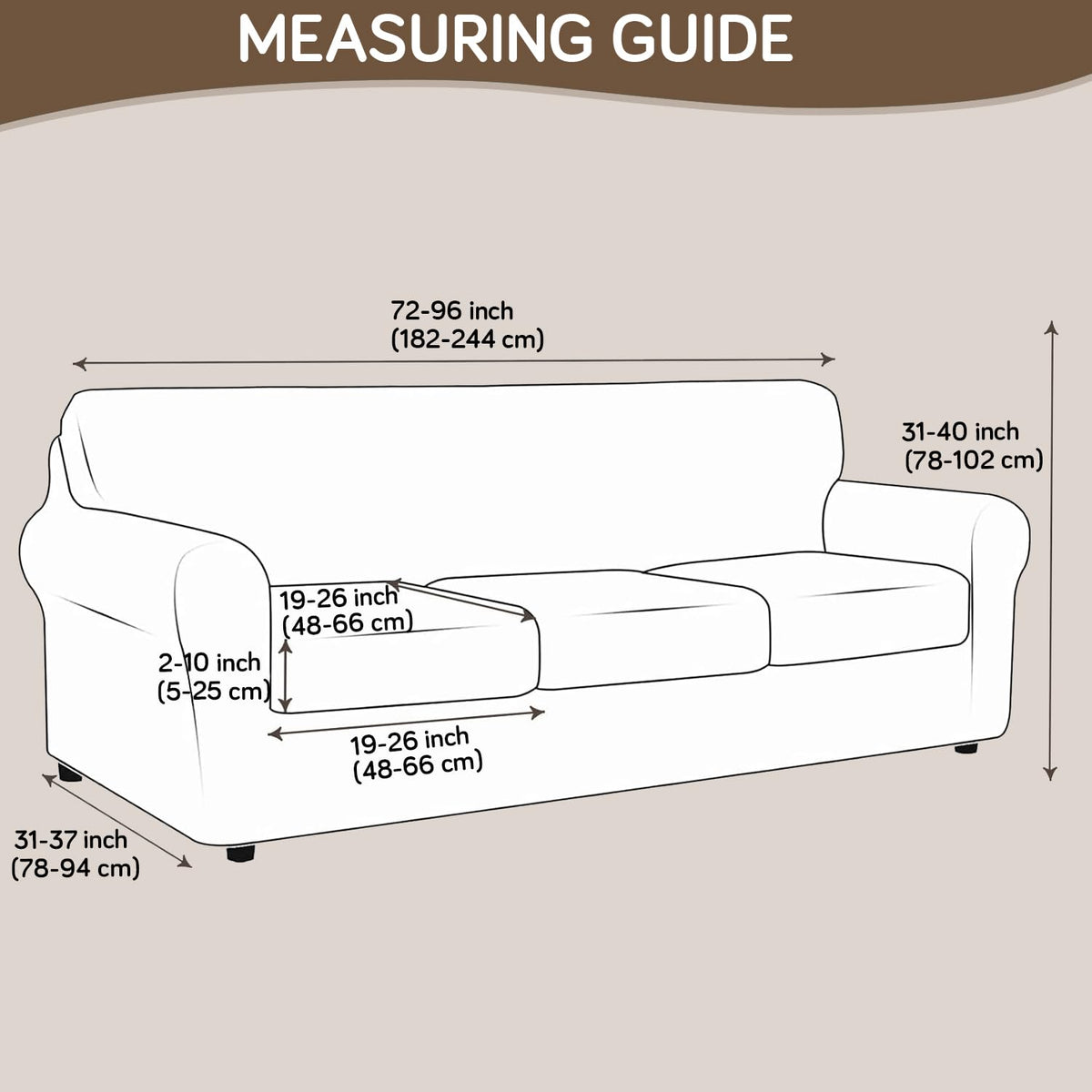Printed Stretchable Sofa Slipcover with 1/2/3 Pc Separate Seat Cushion Cover for each 1/2/3 Seater, Beige Vintage Peony
