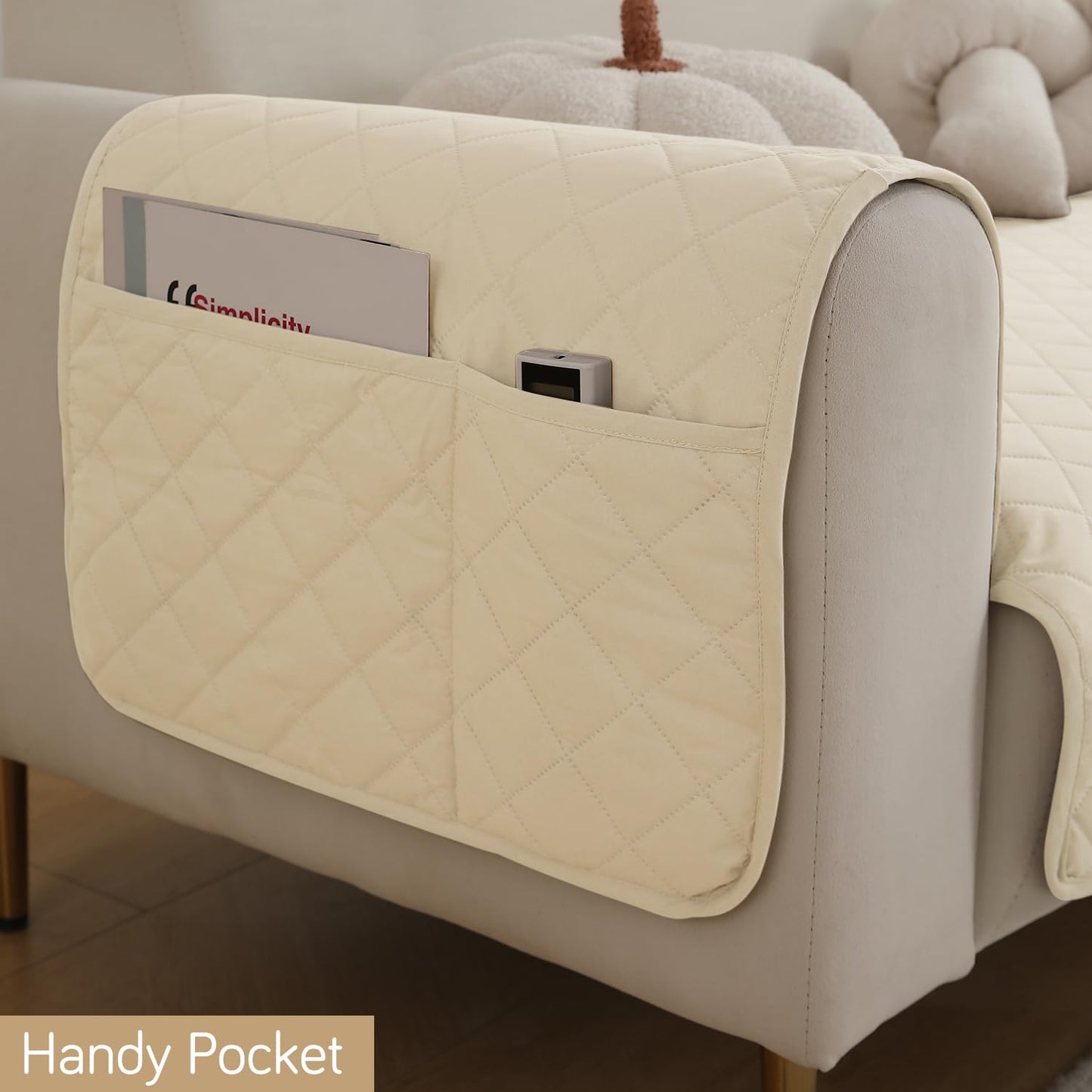 HOKIPO Quilted Waterproof Sofa Seat Mat for 1/2/3 Seater Sofa with 2 Armrest Covers with Pockets, Cream