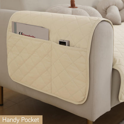 HOKIPO Quilted Waterproof Sofa Seat Mat for 1/2/3 Seater Sofa with 2 Armrest Covers with Pockets, Cream