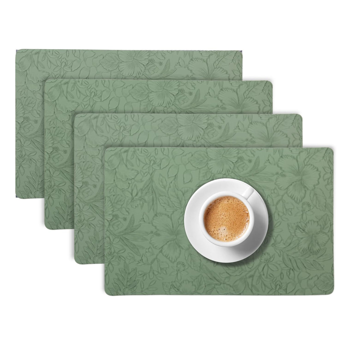 Hibiscus Bloom Washable Leather Mats for Dining Table - Sage Green