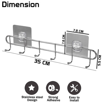 Magic Sticker Series Self Adhesive Stainless Steel 6/8 Hook Rail - 5KG Load Capacity