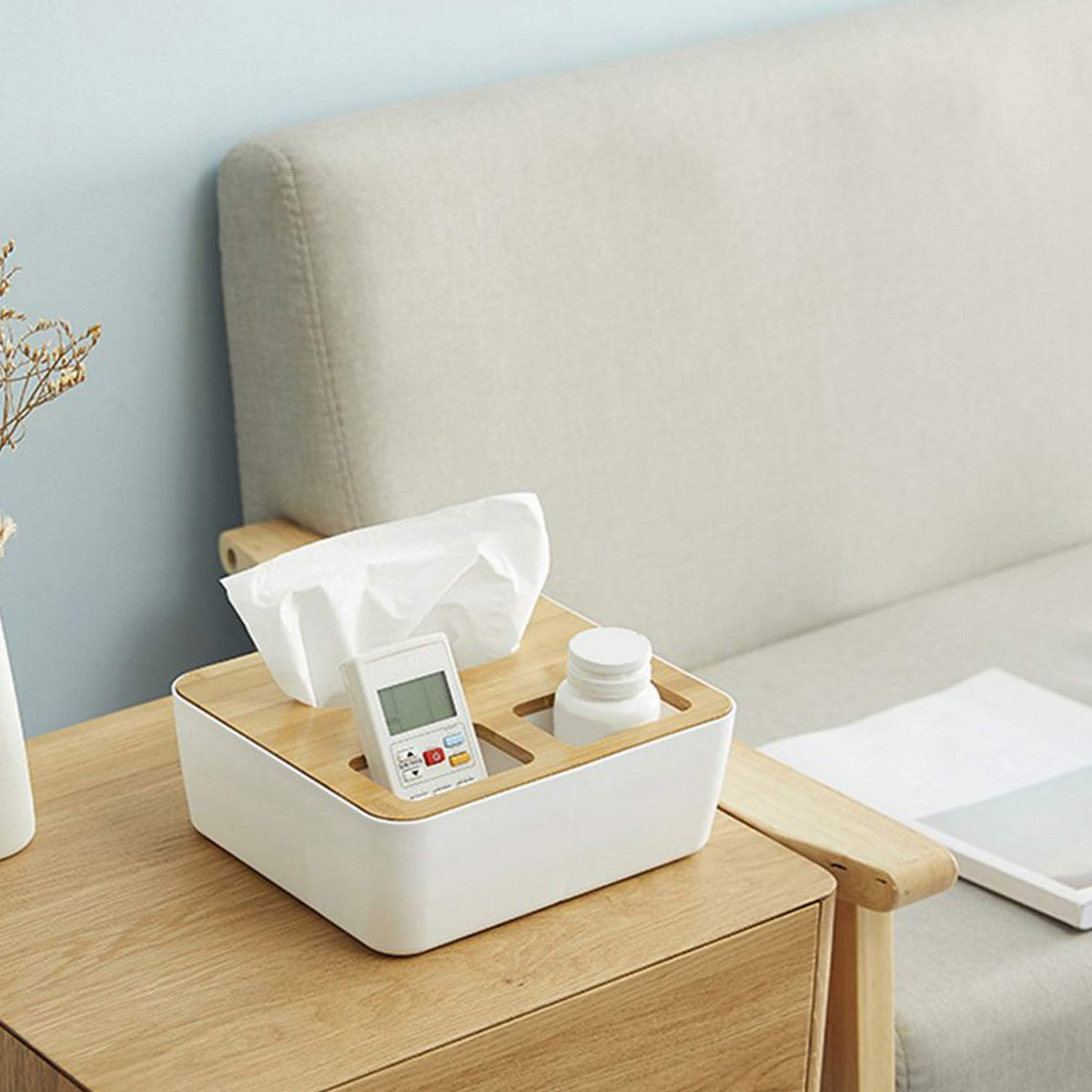 Buy white tissue box with bamboo lid and storage compartments
