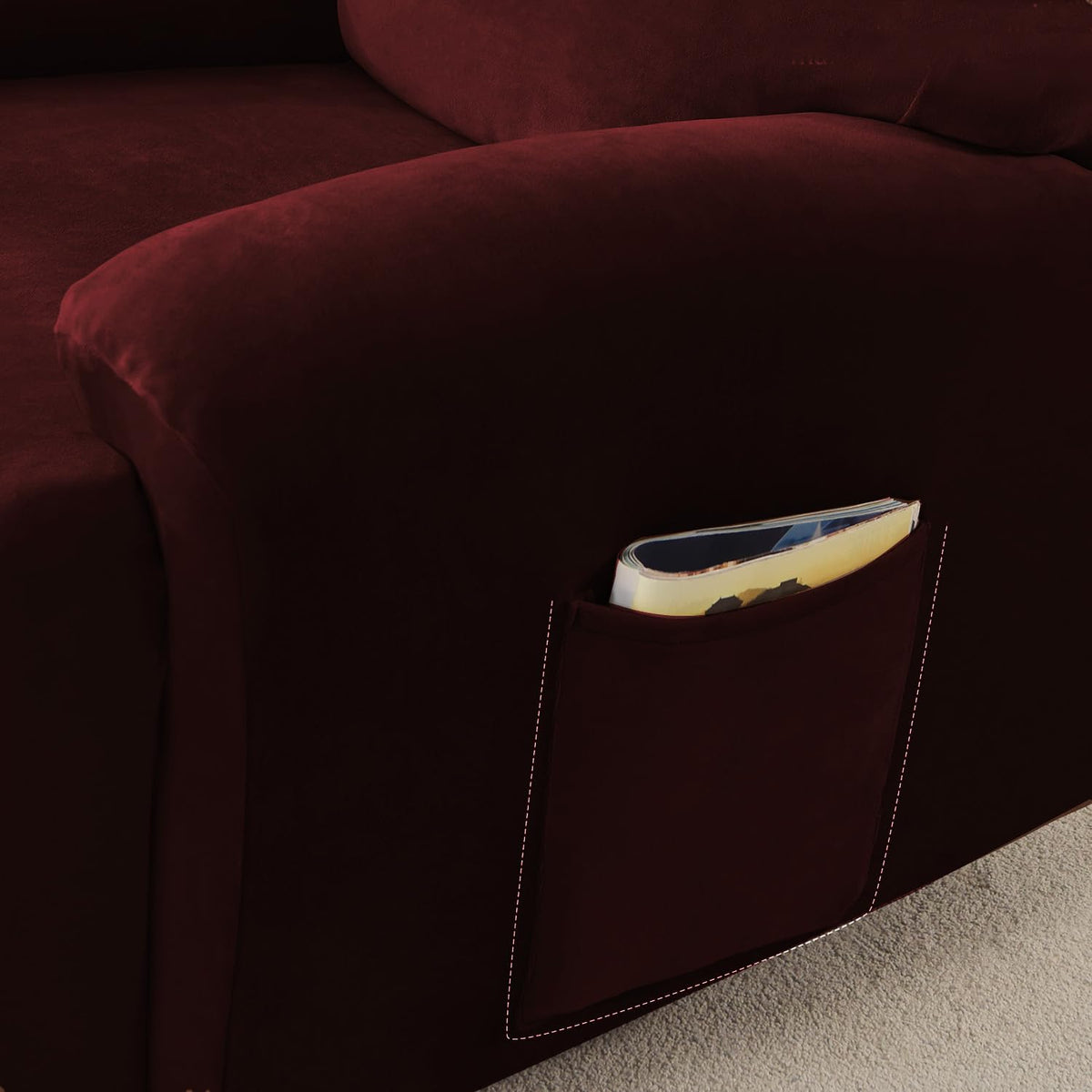Best Burgundy Colour 1, 2, 3 seater elastic velvet recliner sofa cover with pockets
