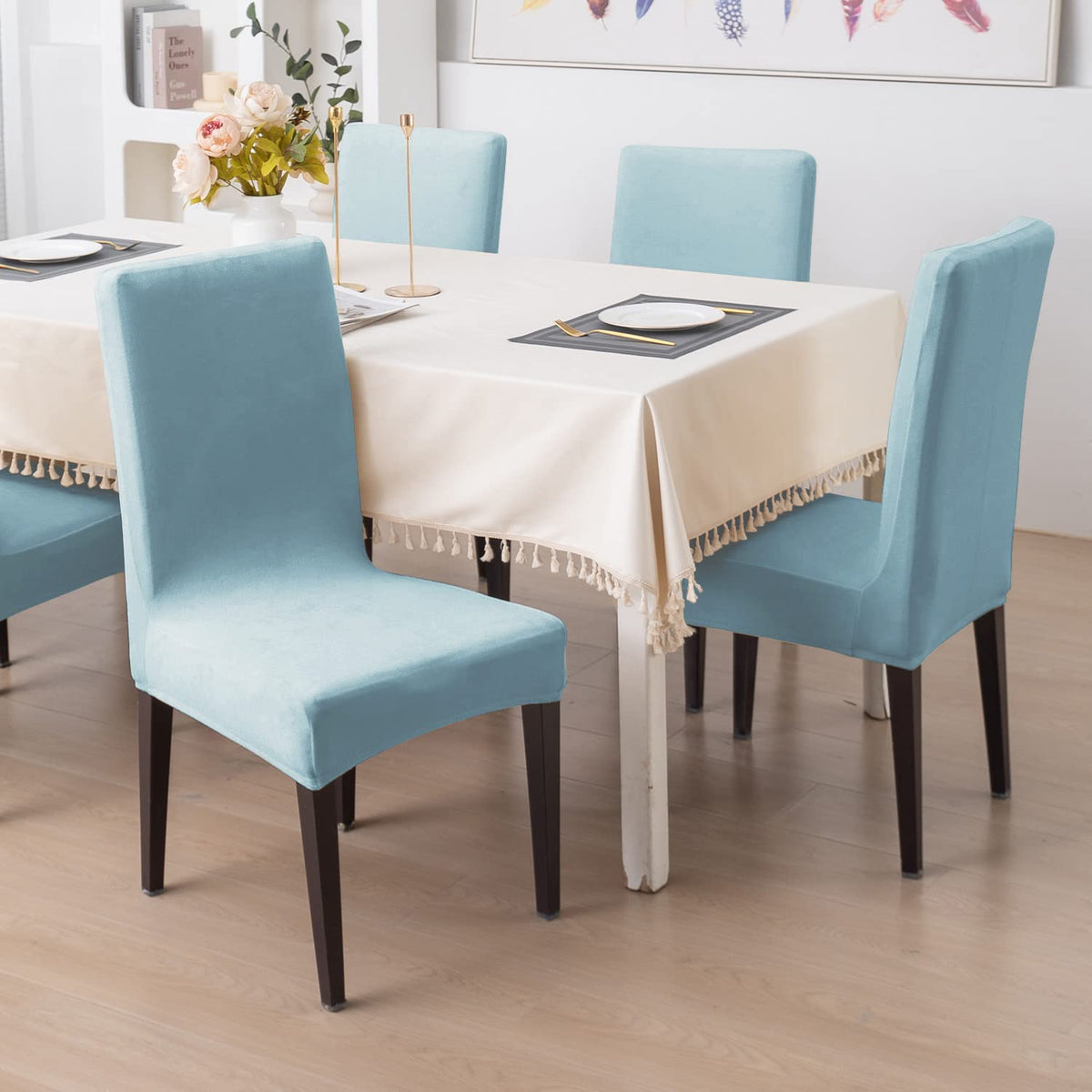 Elastic Stretchable Premium Velvet Dining Chair Cover, Sky Blue