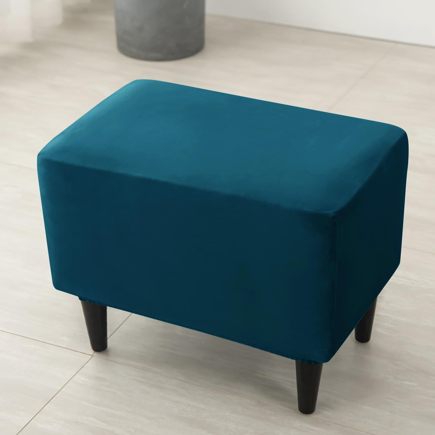 Premium 210 GSM Velvet Stretchable Ottoman Foot Rest Stool Cover, Peacock Blue