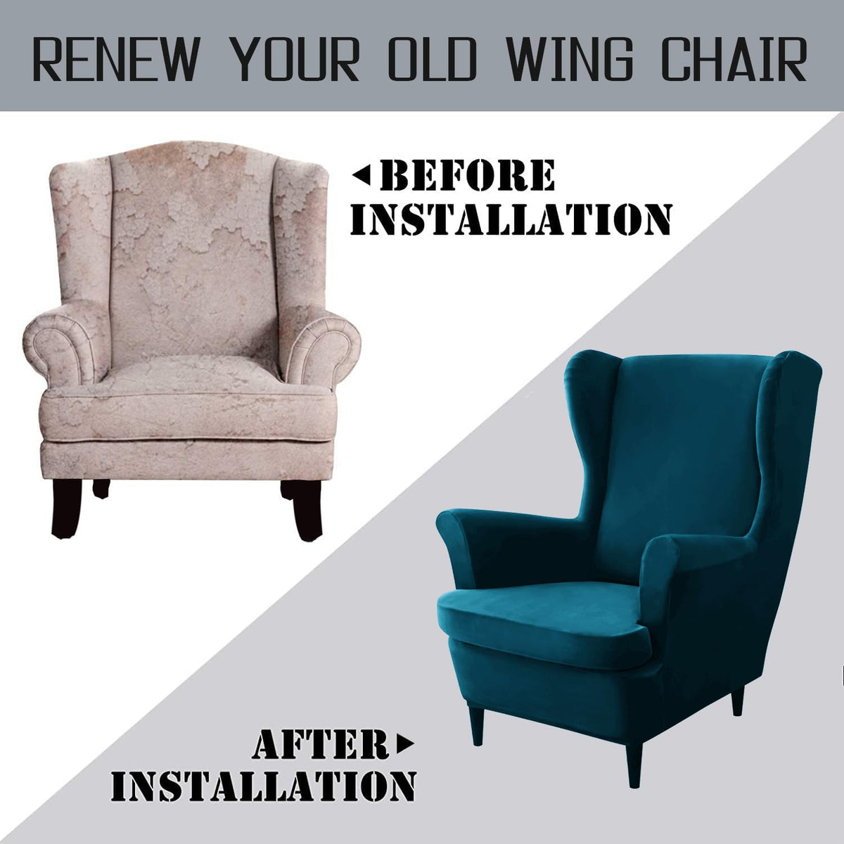 Stylish Peacock Blue Elastic Velvet Wing Chair Cover