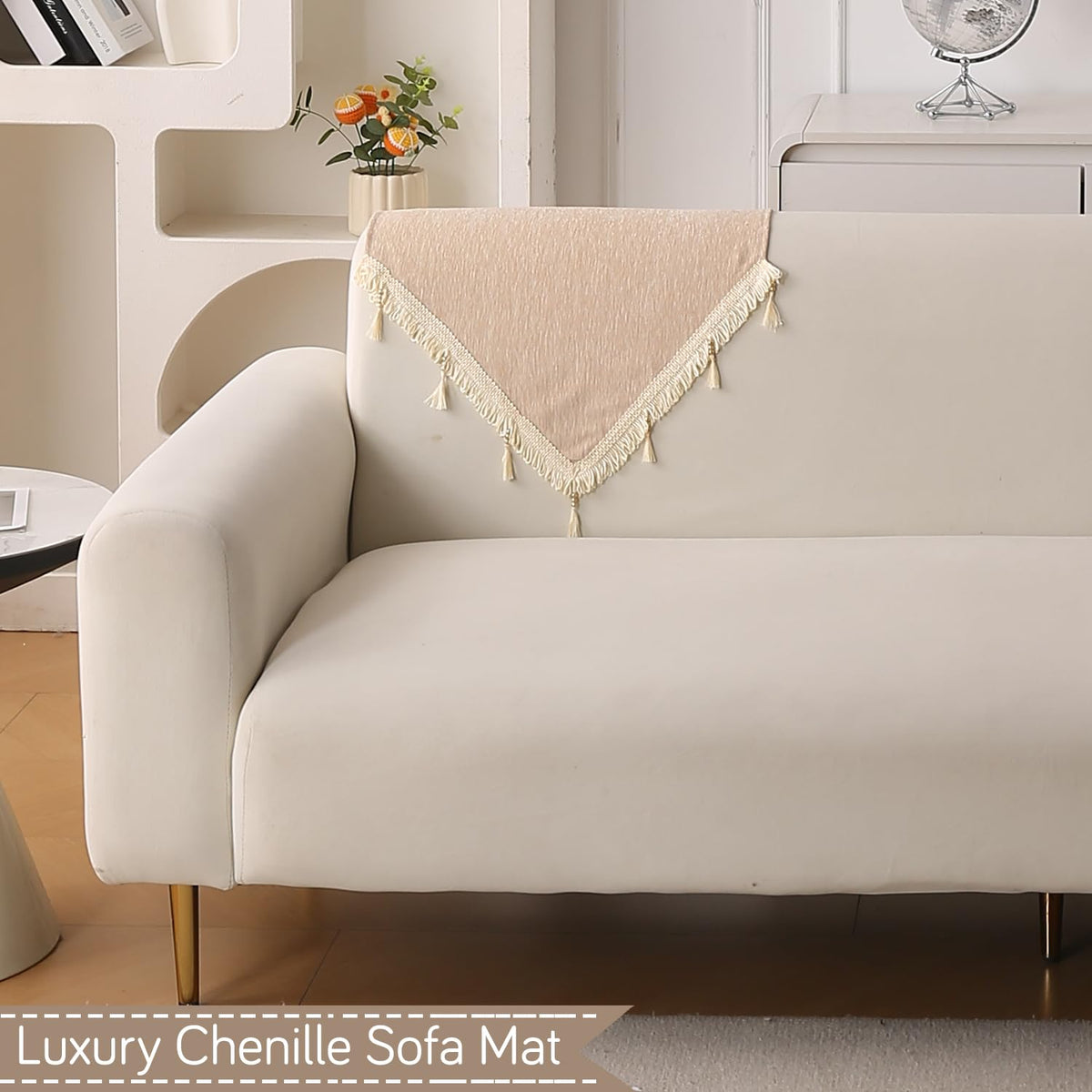 Serenity Tassel Chenille Sofa Cover with Tassel – Ivory Fringe