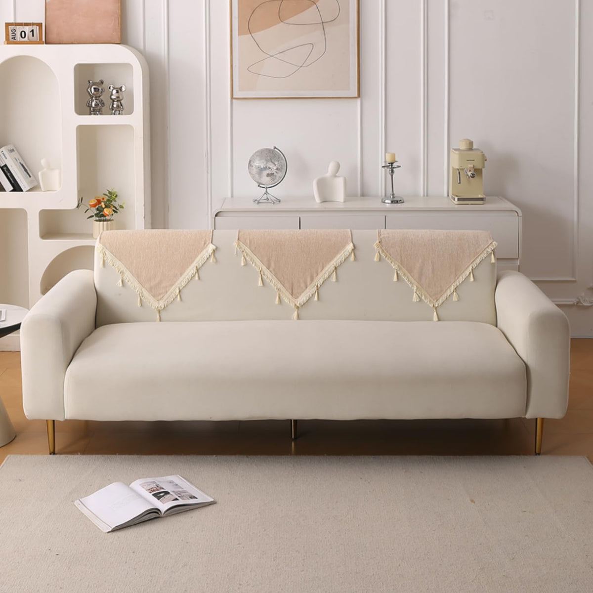 Serenity Tassel Chenille Sofa Cover with Tassel – Ivory Fringe