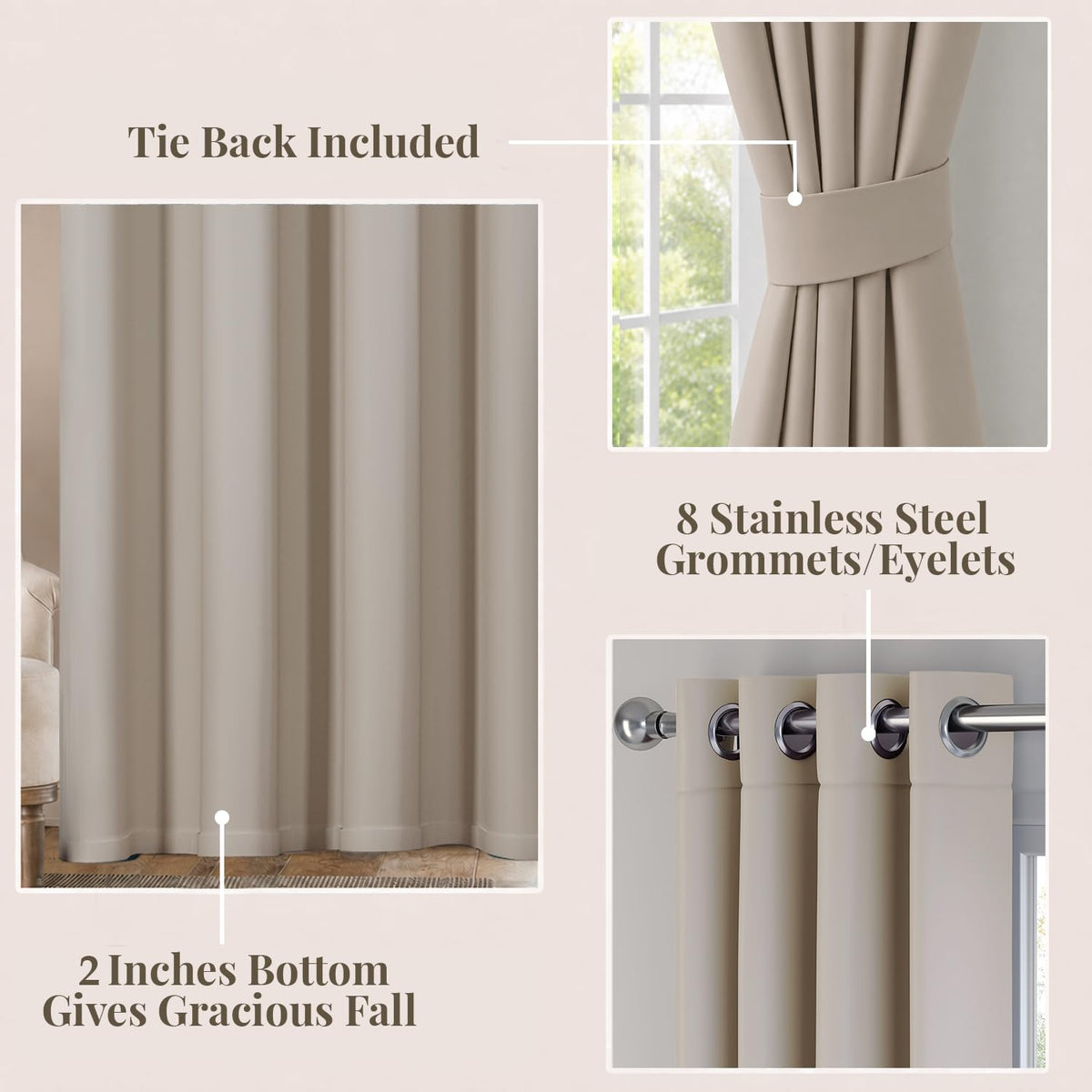 HOKIPO Midnight True Blackout Curtains, 7 Feet Long - Beige - image 3