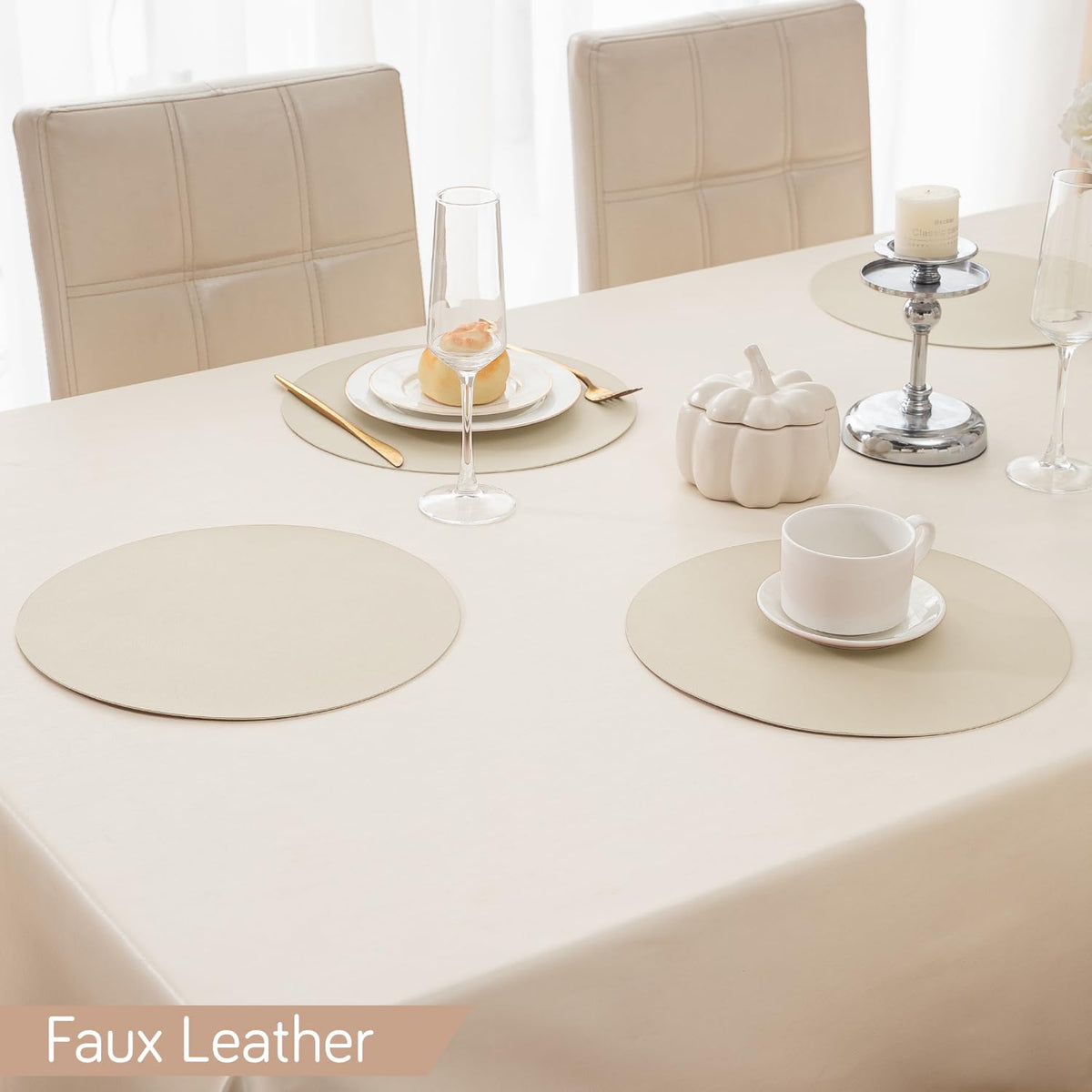 Premium Faux Leather Dining Table Round Mats, Cream