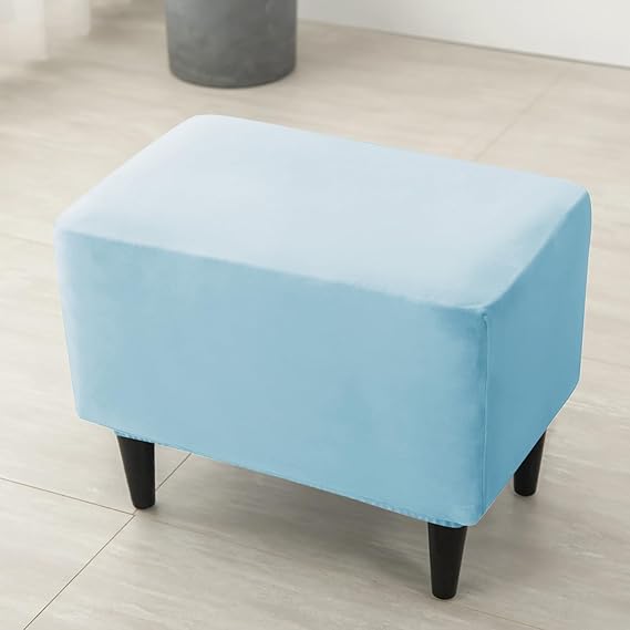 Premium 210 GSM Velvet Stretchable Ottoman Foot Rest Stool Cover, Sky Blue