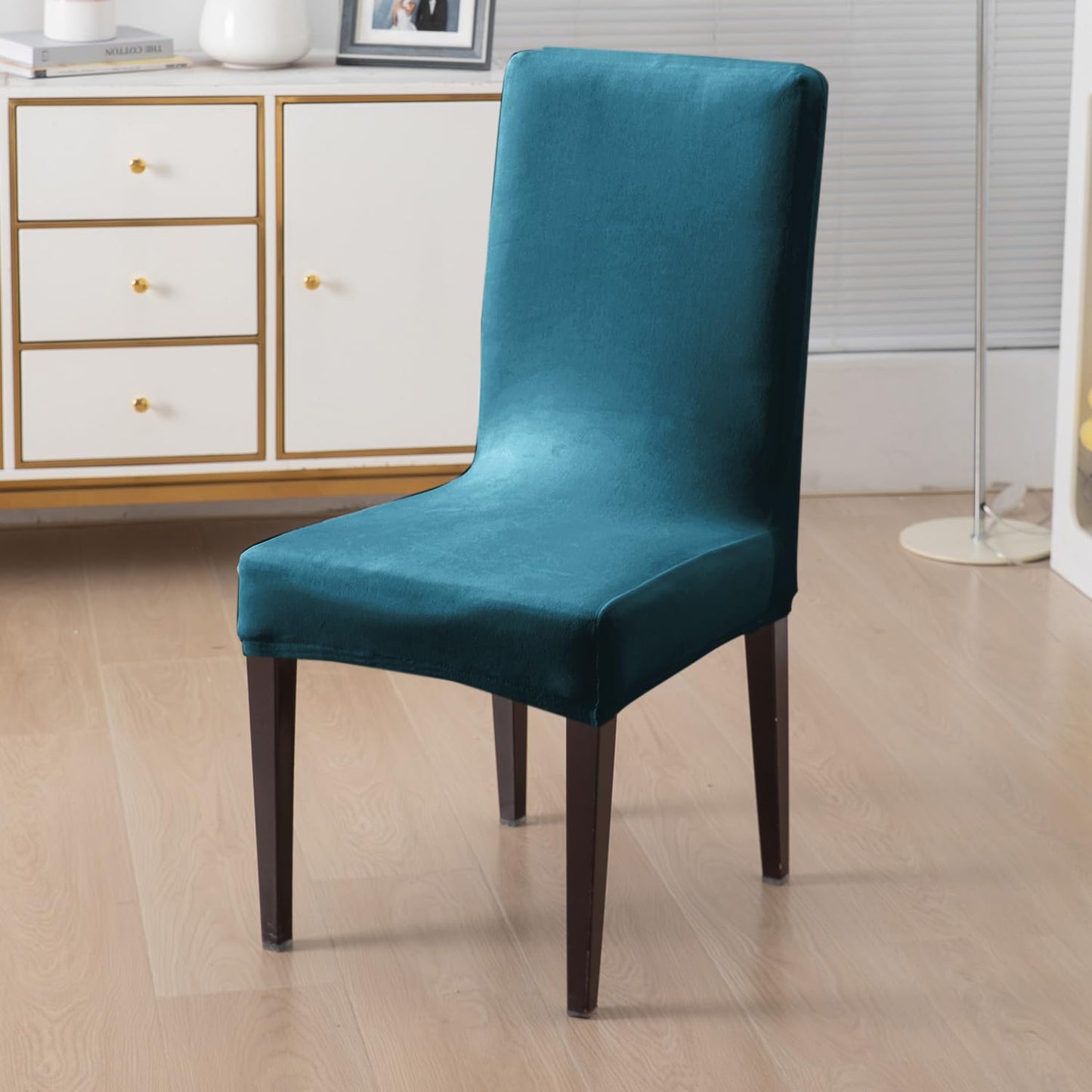 Elastic Stretchable Premium Velvet Dining Chair Cover, Peacock Blue