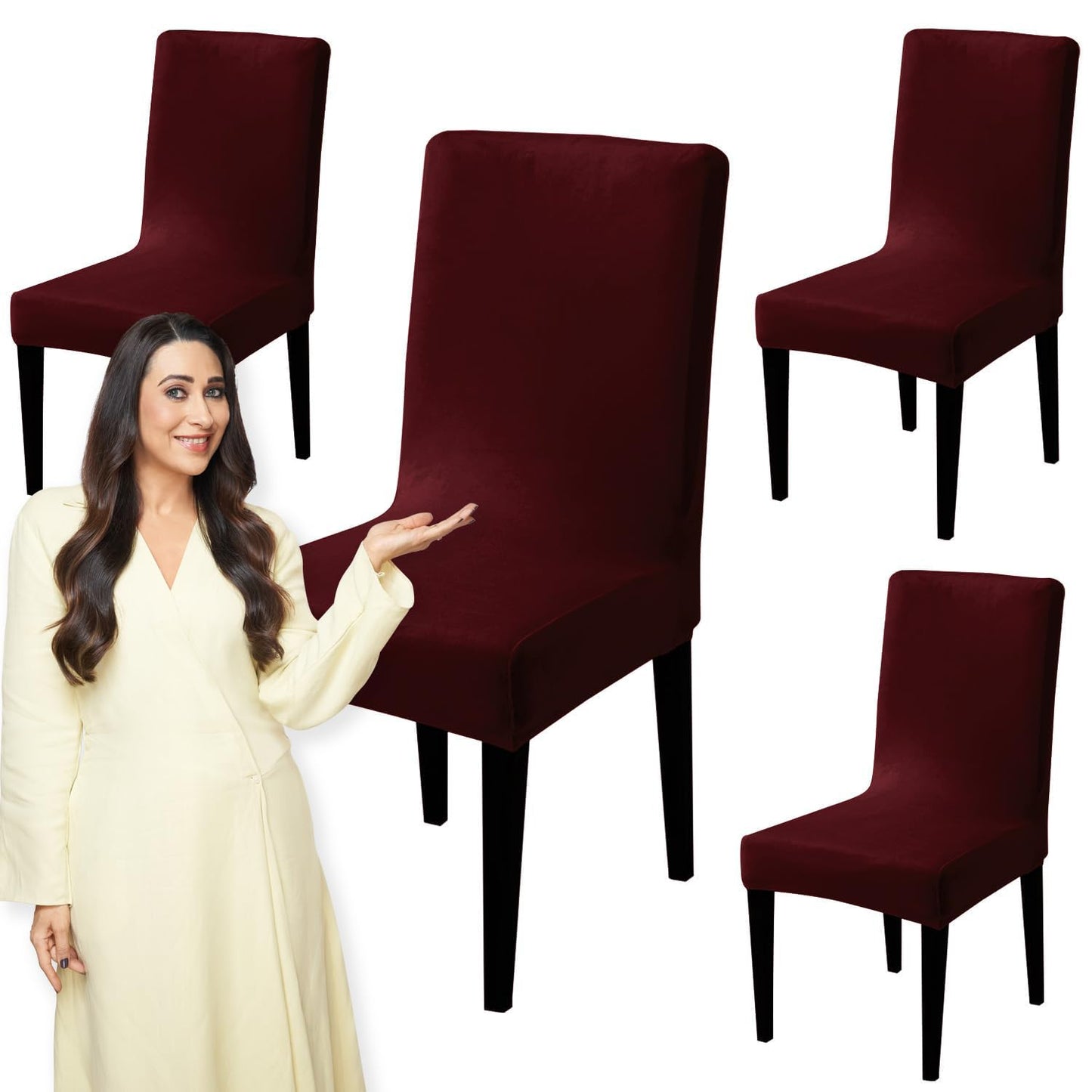 Elastic Stretchable Premium Velvet Dining Chair Cover, Burgundy