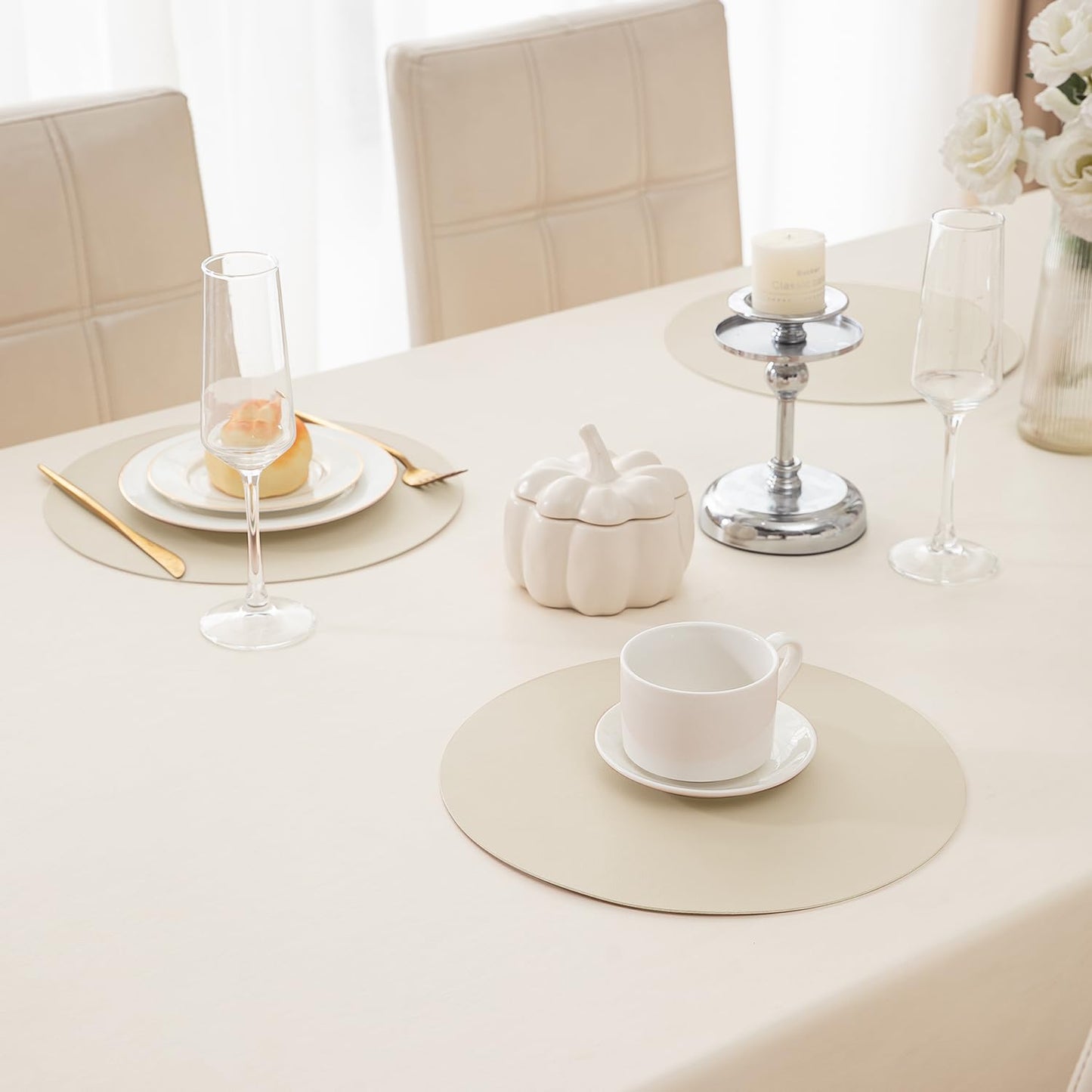 Premium Faux Leather Dining Table Round Mats, Cream