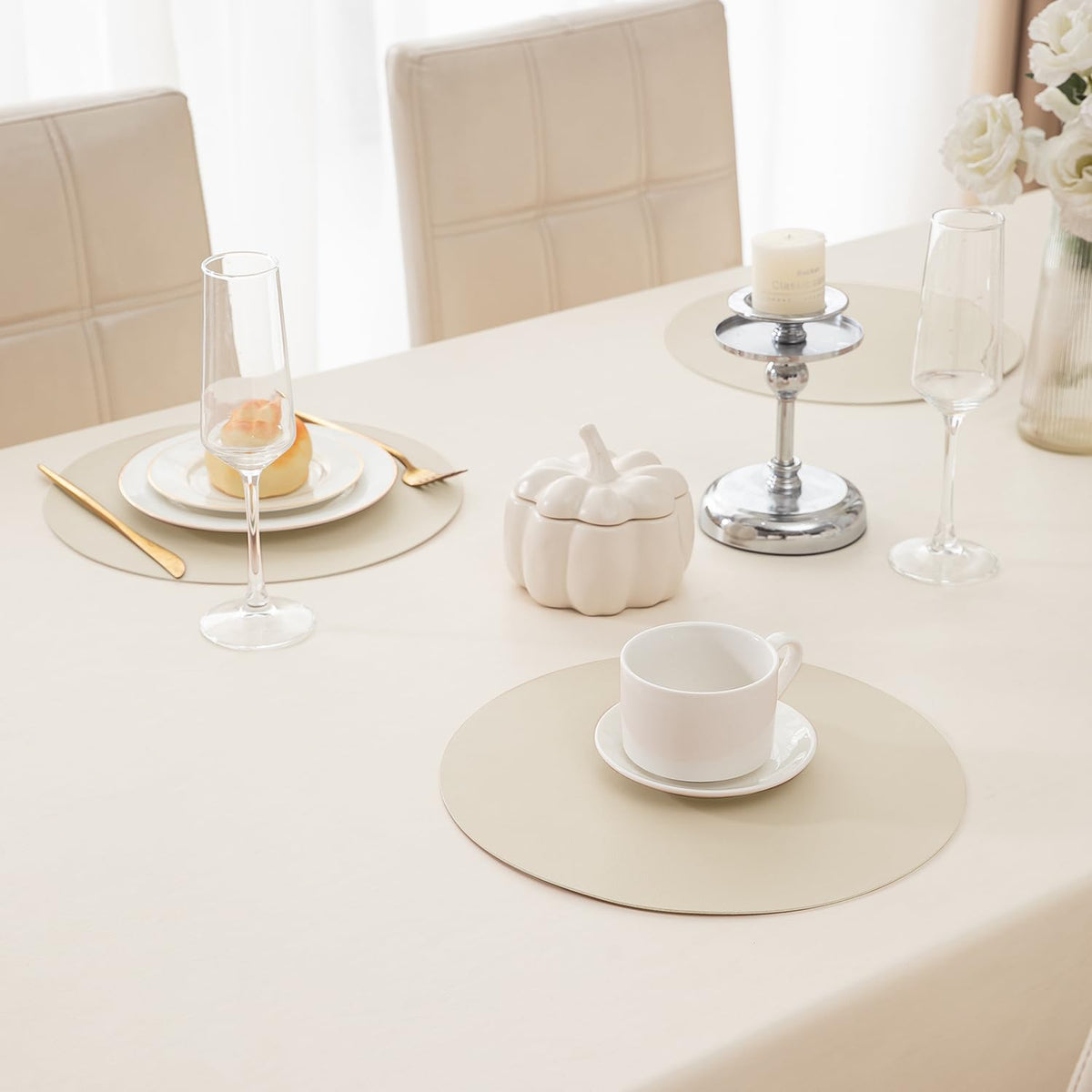 Premium Faux Leather Dining Table Round Mats, Cream