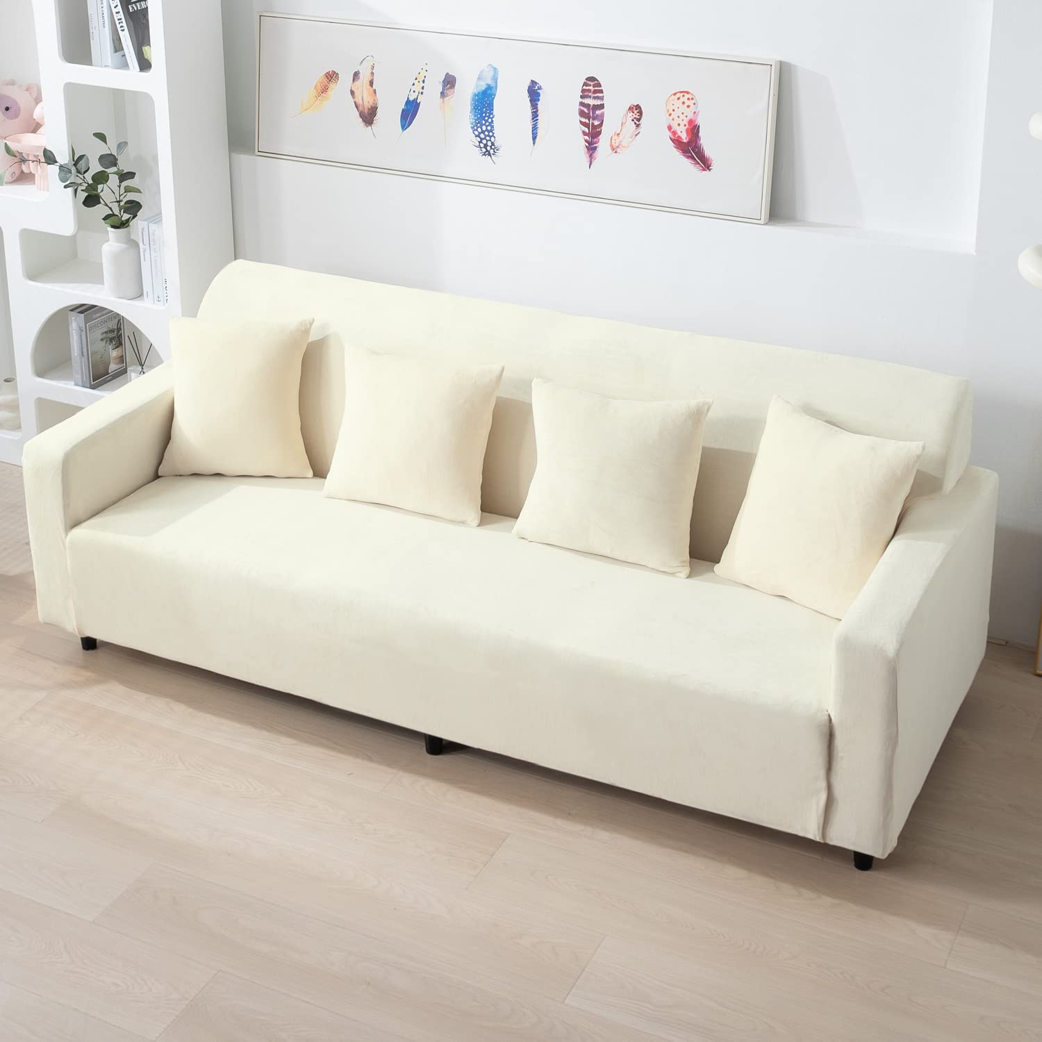 Beige 4 seater stretchable velvet sofa cover