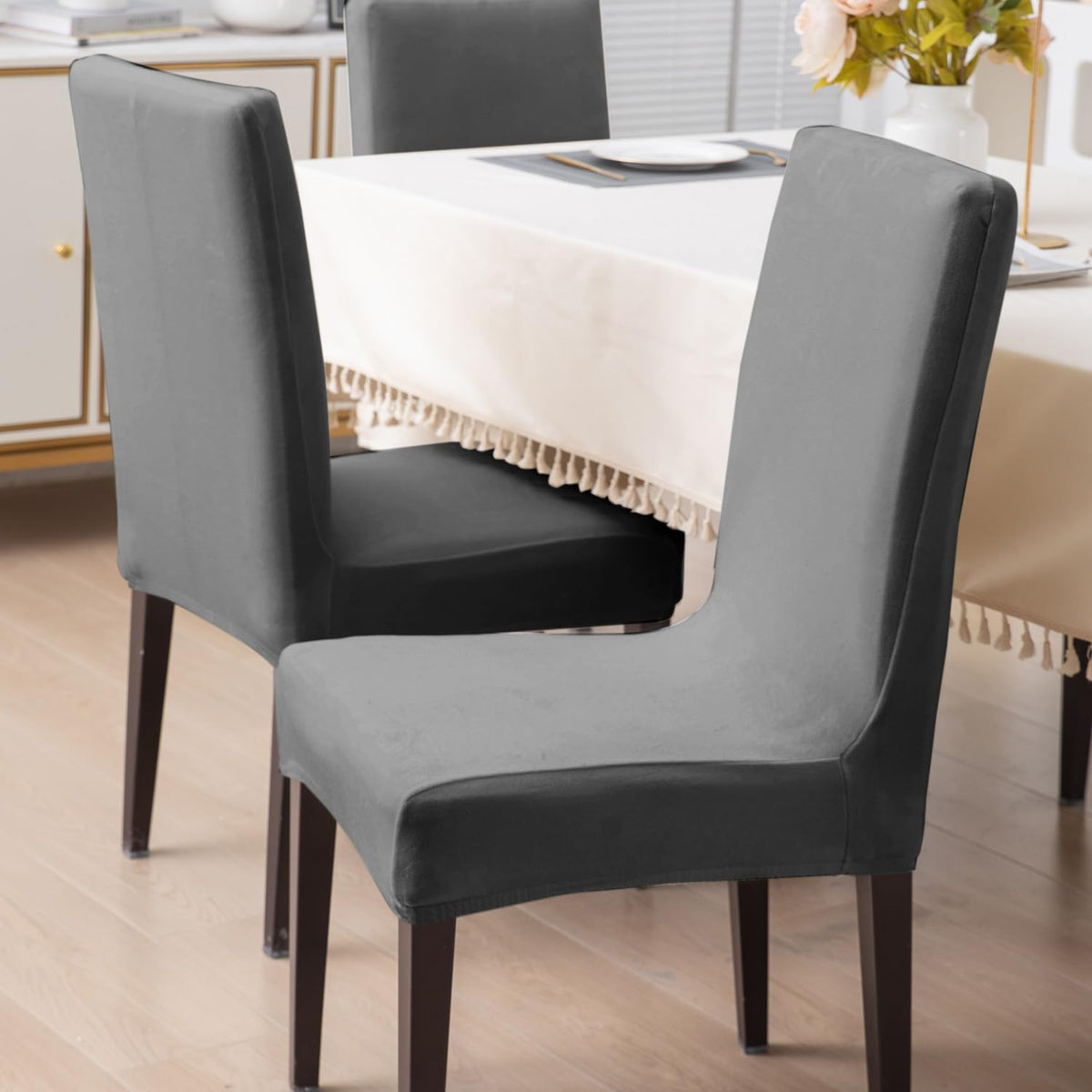 Elastic Stretchable Premium Velvet Dining Chair Cover, Dark Grey