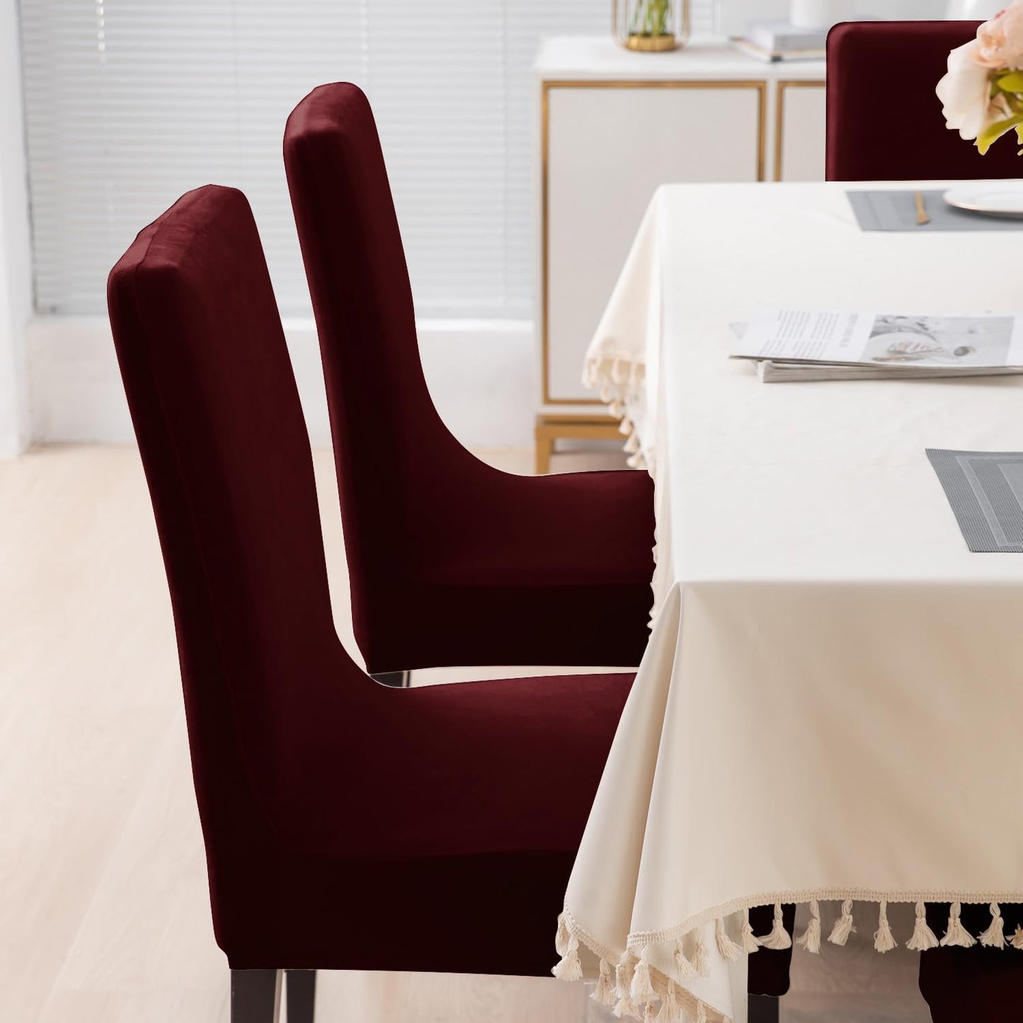 Elastic Stretchable Premium Velvet Dining Chair Cover, Burgundy