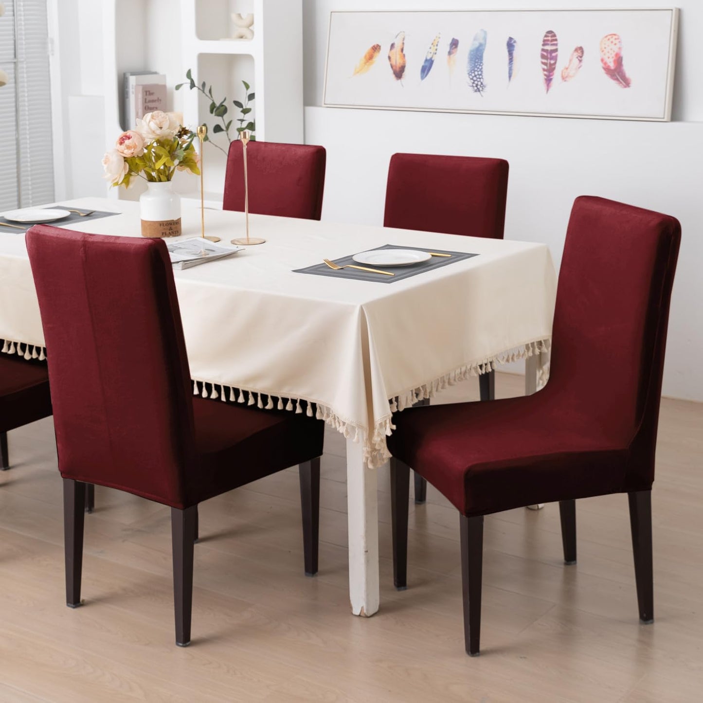 Elastic Stretchable Premium Velvet Dining Chair Cover, Burgundy