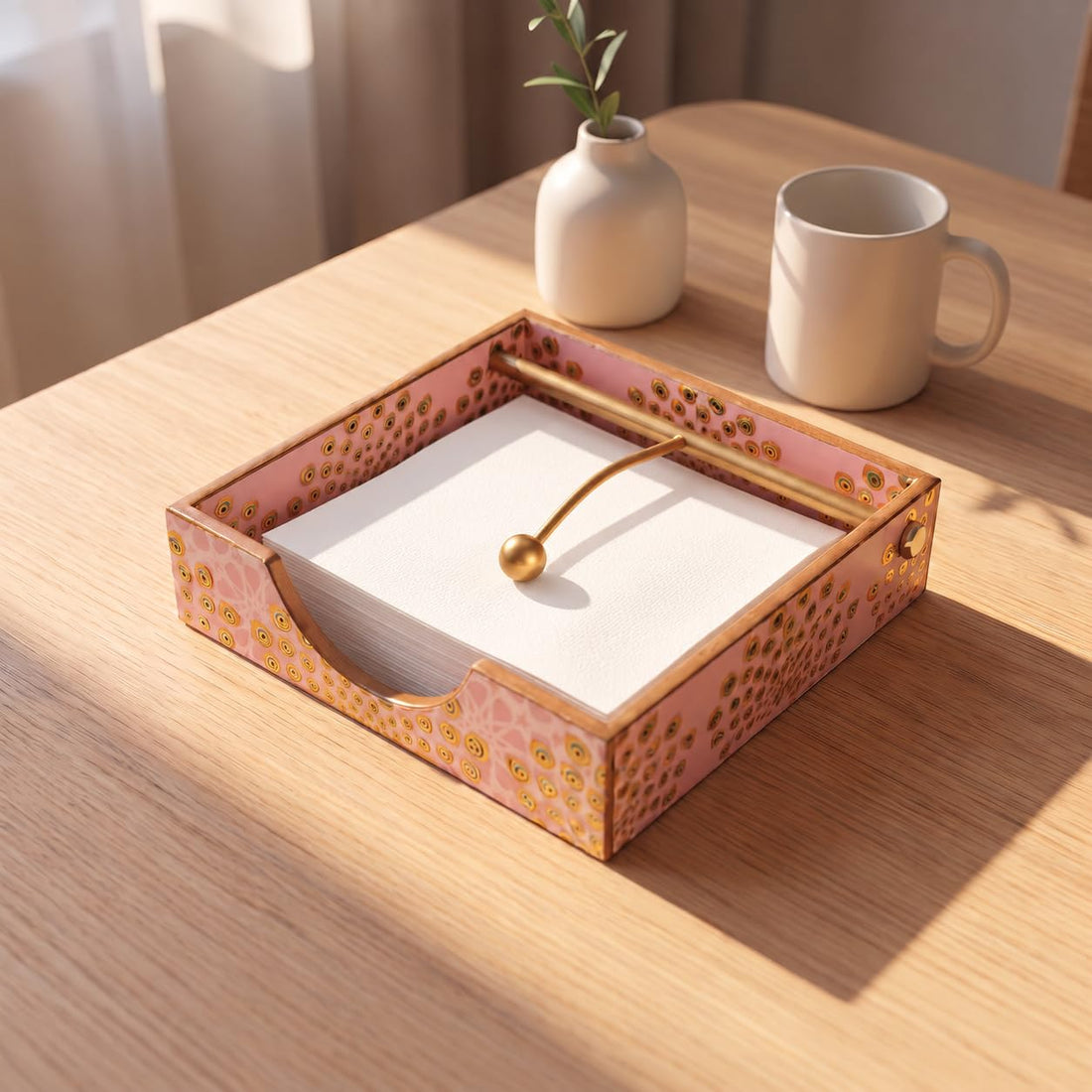 HOKIPO Napkin Holder for Dining Table, Engineered Wood, Gulabi Mayurvan - image 1