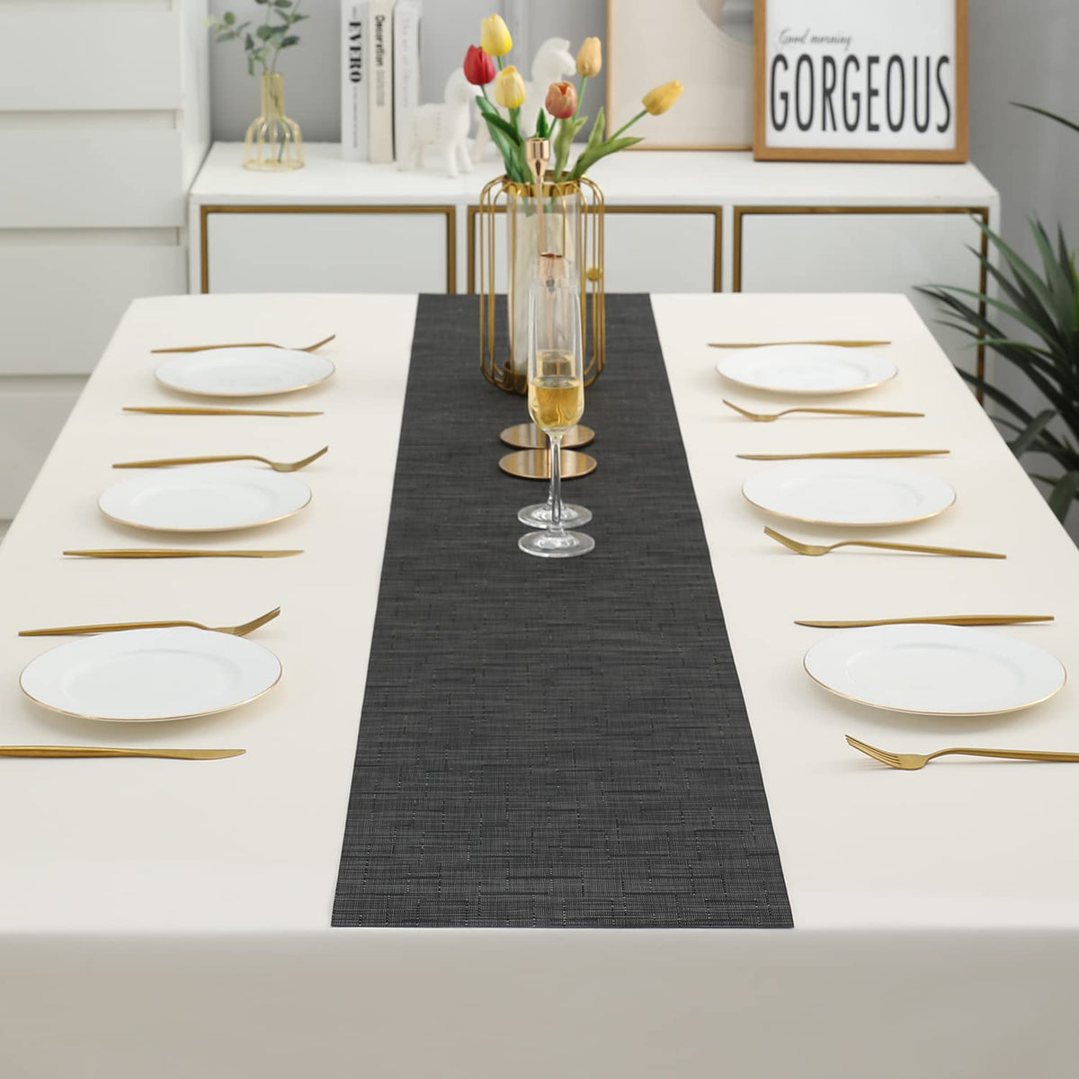 Buy Textured Black Colour PVC Dining Table Runner - HOKIPO | Har Ghar Ka Humsafar