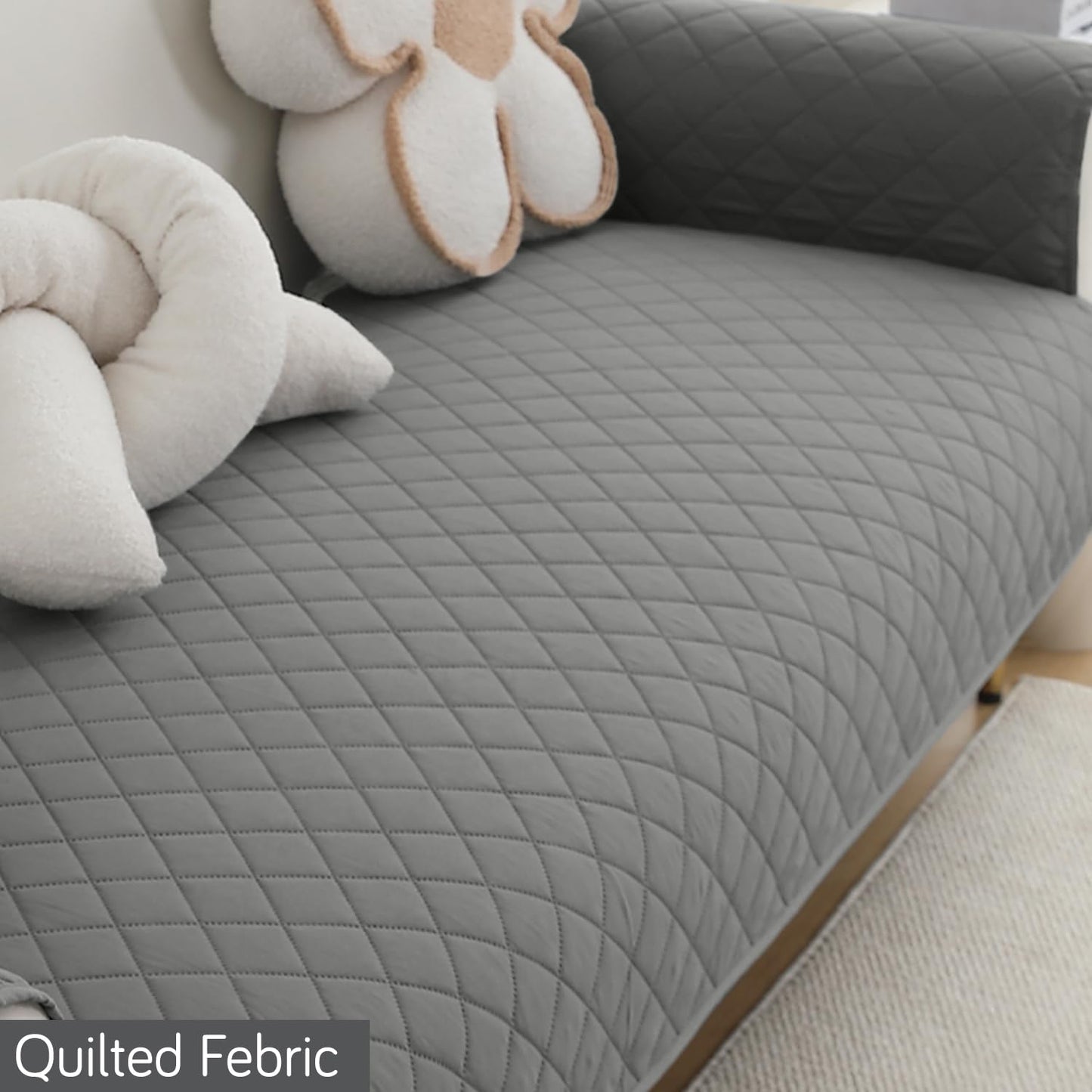 HOKIPO Quilted Waterproof Sofa Seat Mat with 2 Armrest Covers with Pockets, Light Grey