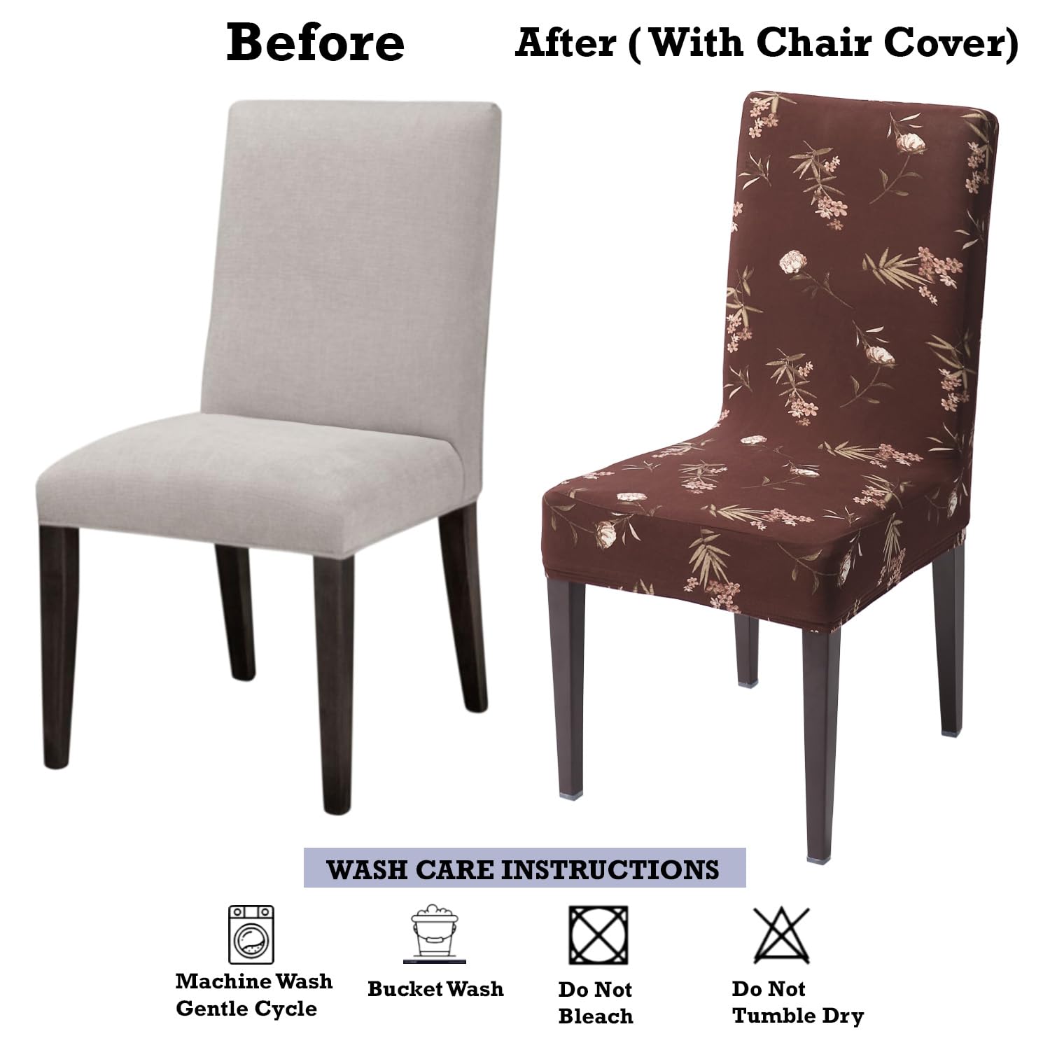 Dining chair before and after using Hokipo stretchable chair cover