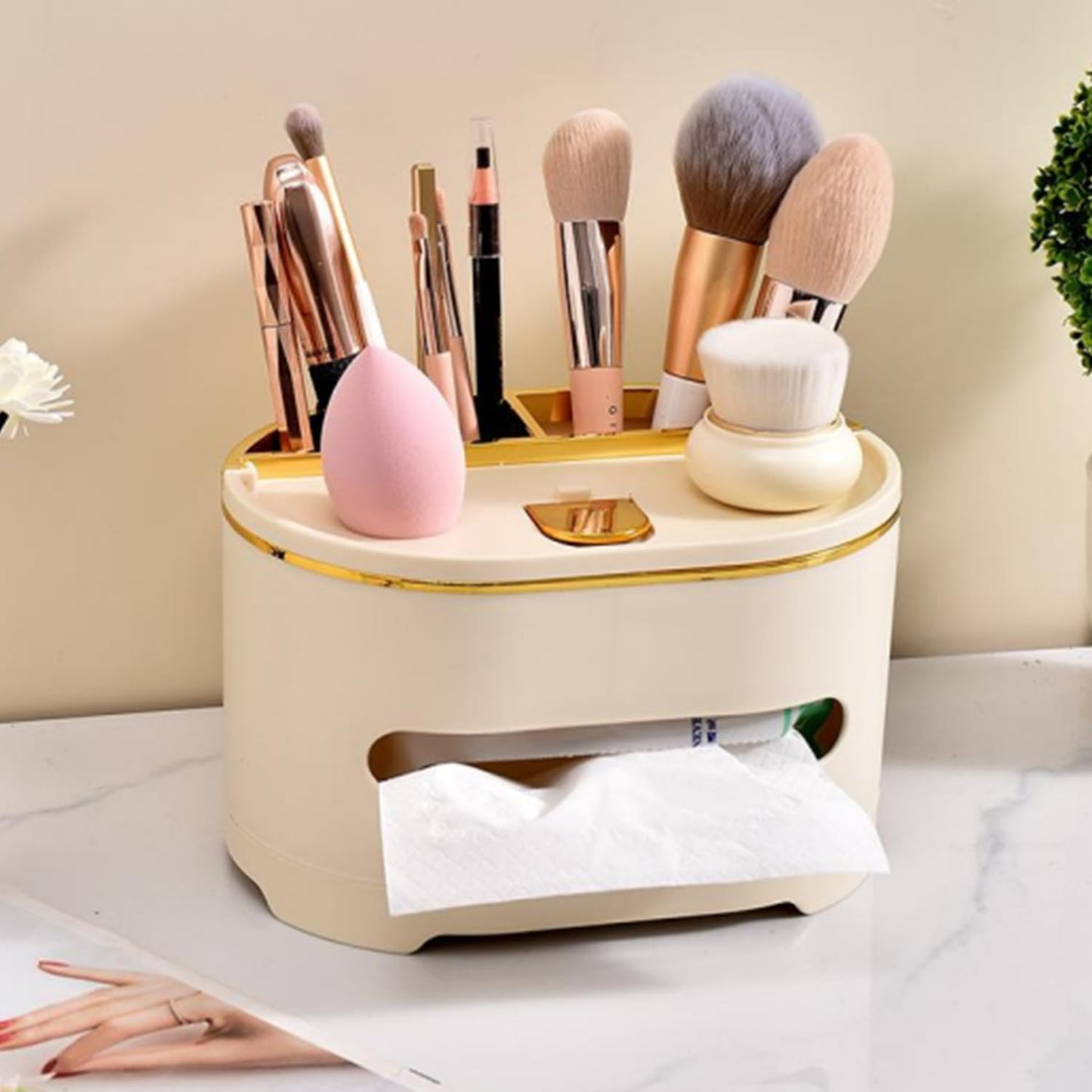 All-in-One Desktop Organizer with Tissue Holder, Phone Stand & Pen – Cream