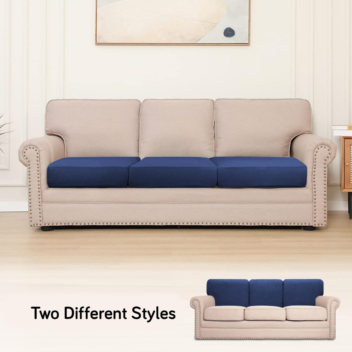 Stretchable Thick Jacquard Textured Seat Cushion Cover for 1/2/3 Seaters / Pieces for Sofa, Navy Blue
