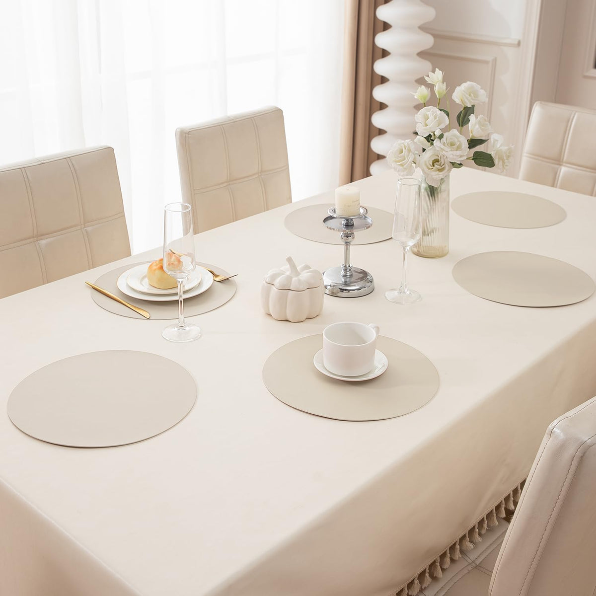 Premium Faux Leather Dining Table Round Mats, Cream