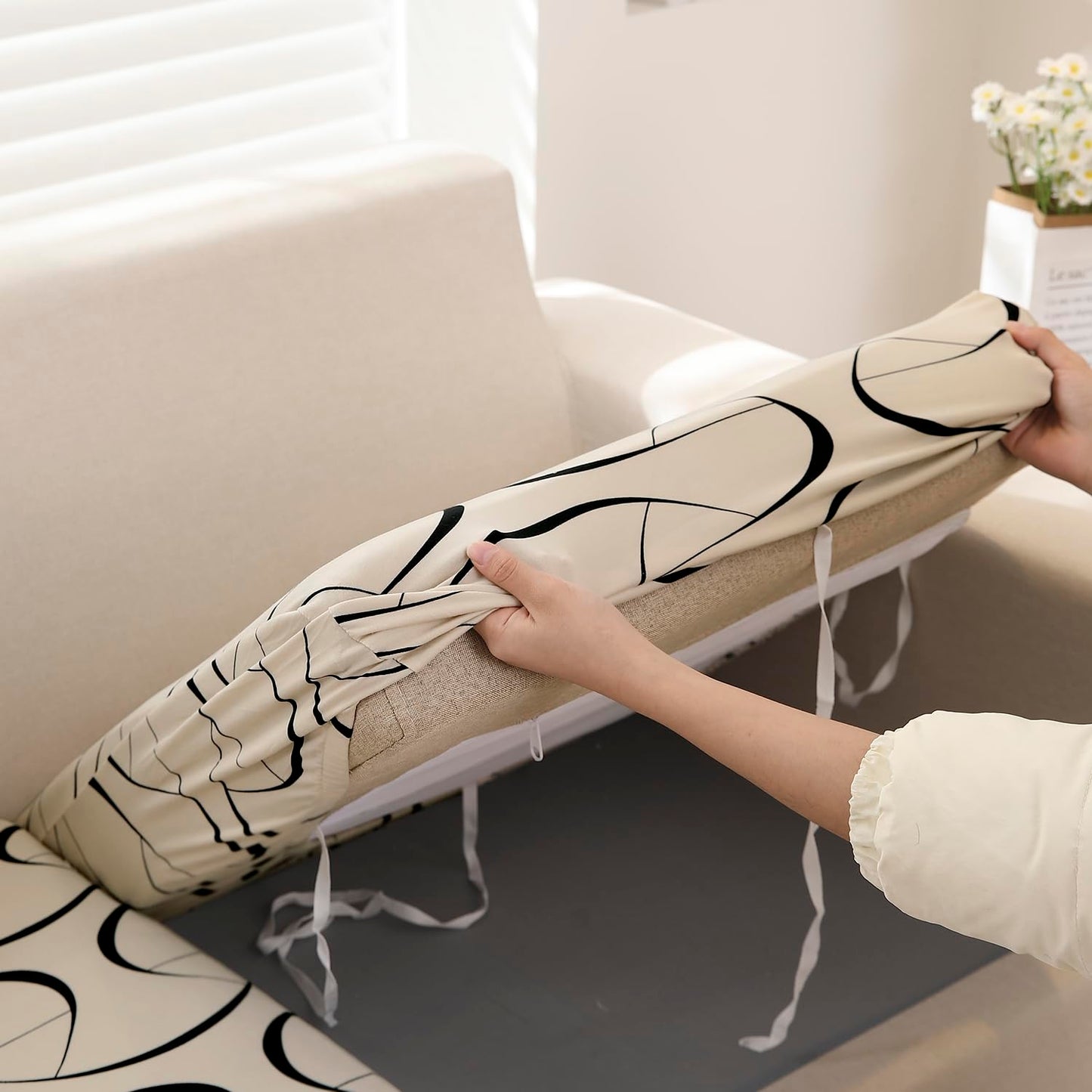 140 GSM Stretchable Printed Elastic Sofa Cushion Seat Cover for 1 /2 /3 Seaters / Pieces for Sofa, Natural Beige Abstract Art