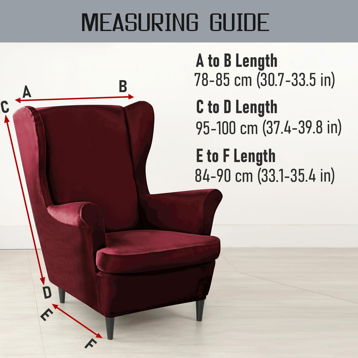 Size Guide for Burgundy Premium Velvet Chair Covers for Wingback Chairs