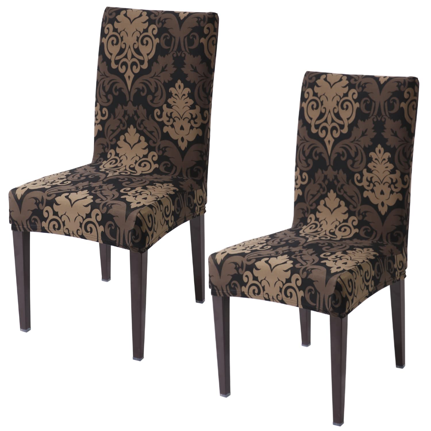Brown Damask print dining chair covers set of 2 | Hokipo