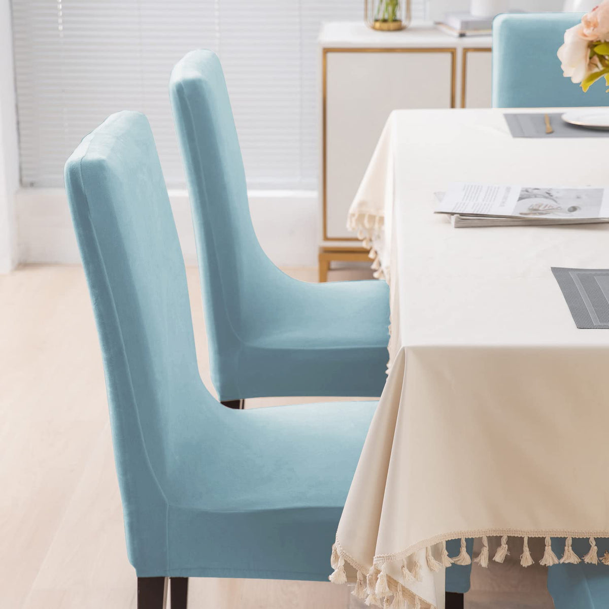 Elastic Stretchable Premium Velvet Dining Chair Cover, Sky Blue