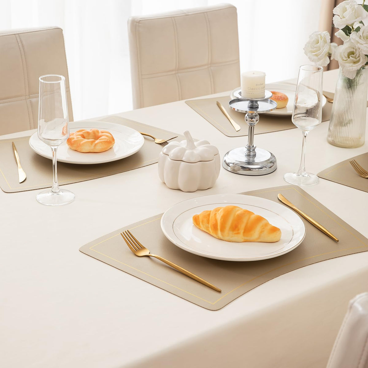 Premium Faux Leather Dining Table Mats, Light Gold