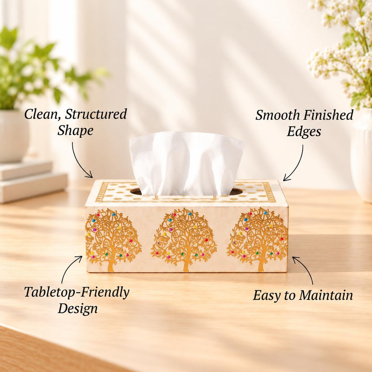 HOKIPO Tissue Box Holder, Rectangle, Engineered Wood, Swarna Vriksha - image 6