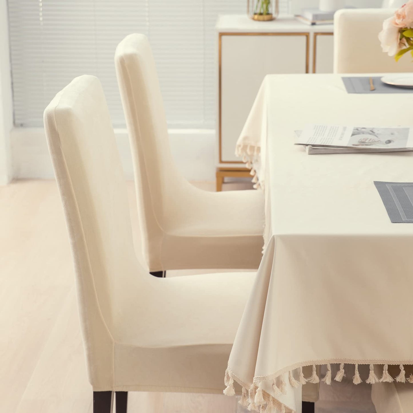 Elastic Stretchable Premium Velvet Dining Chair Cover, Beige