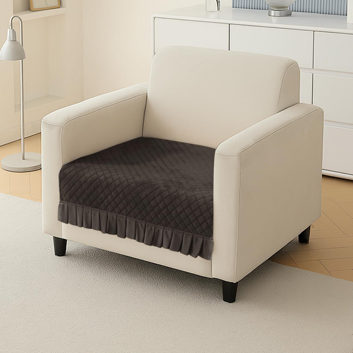 Holland Velvet Sofa Cover Seat Mat with Frill for 1/2/3 - Seater, Dark Grey
