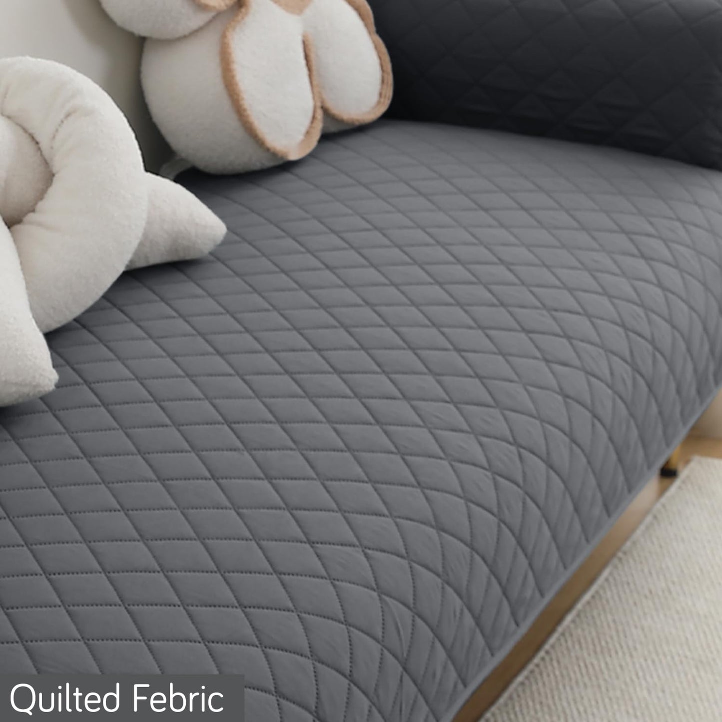 HOKIPO Quilted Waterproof Sofa Seat Mat with 2 Armrest Covers with Pockets, Dark Grey