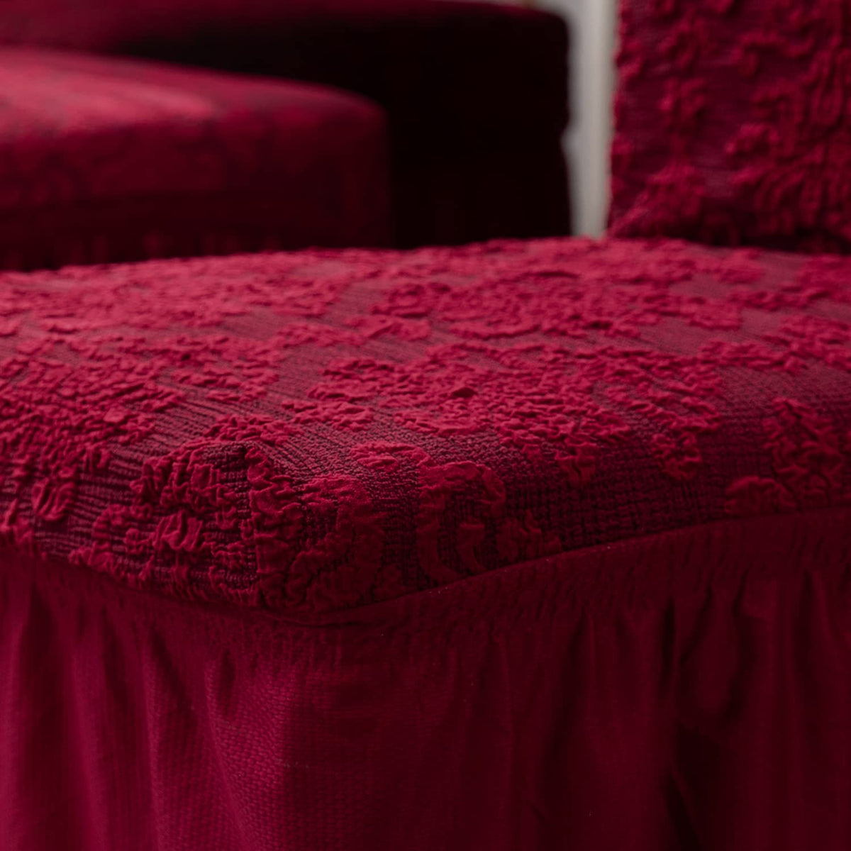 Elastic Stretchable Designer Woven Jacquard Dining Chair Cover with Frill, Wine Red