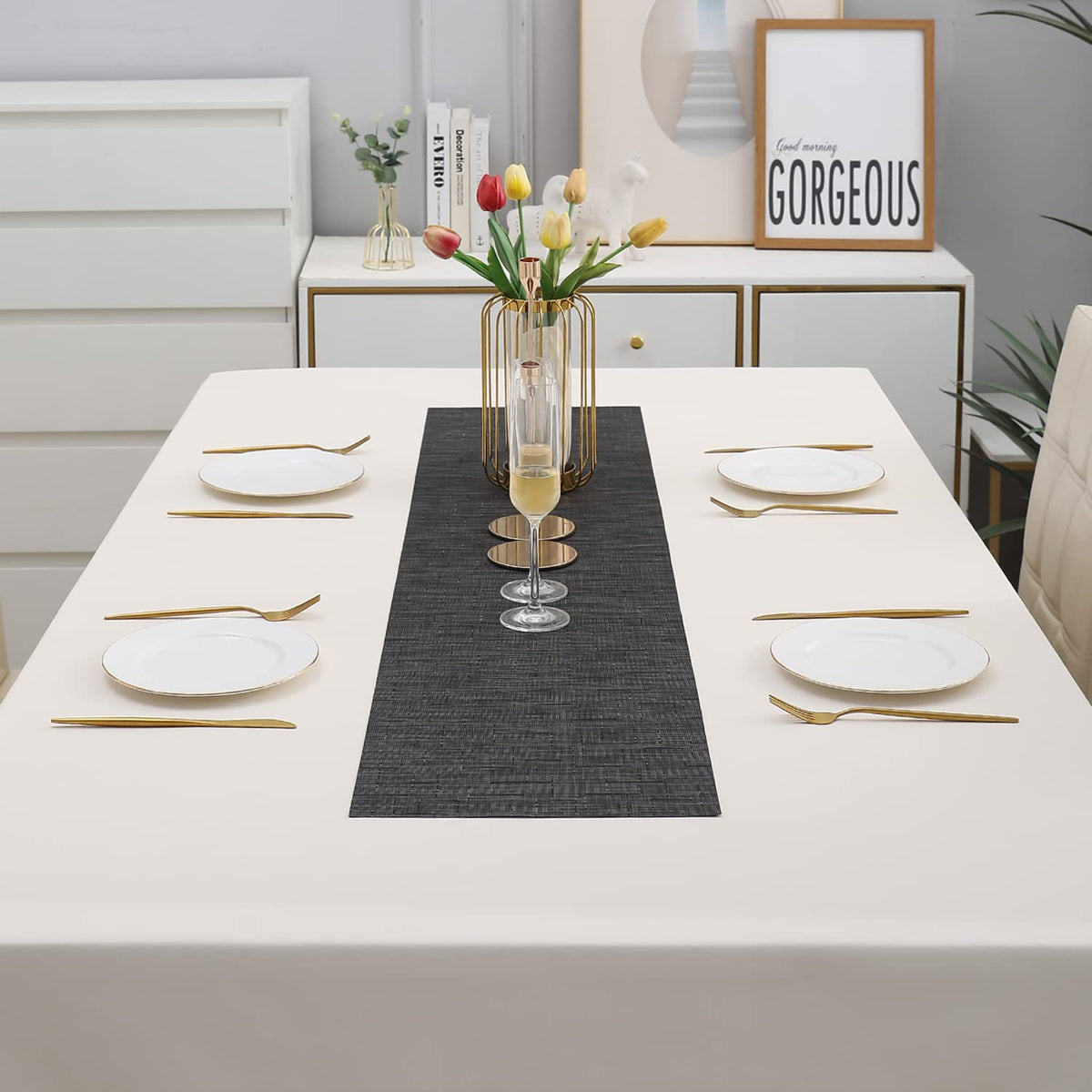 Buy Textured Black Colour PVC Dining Table Runner - HOKIPO | Har Ghar Ka Humsafar