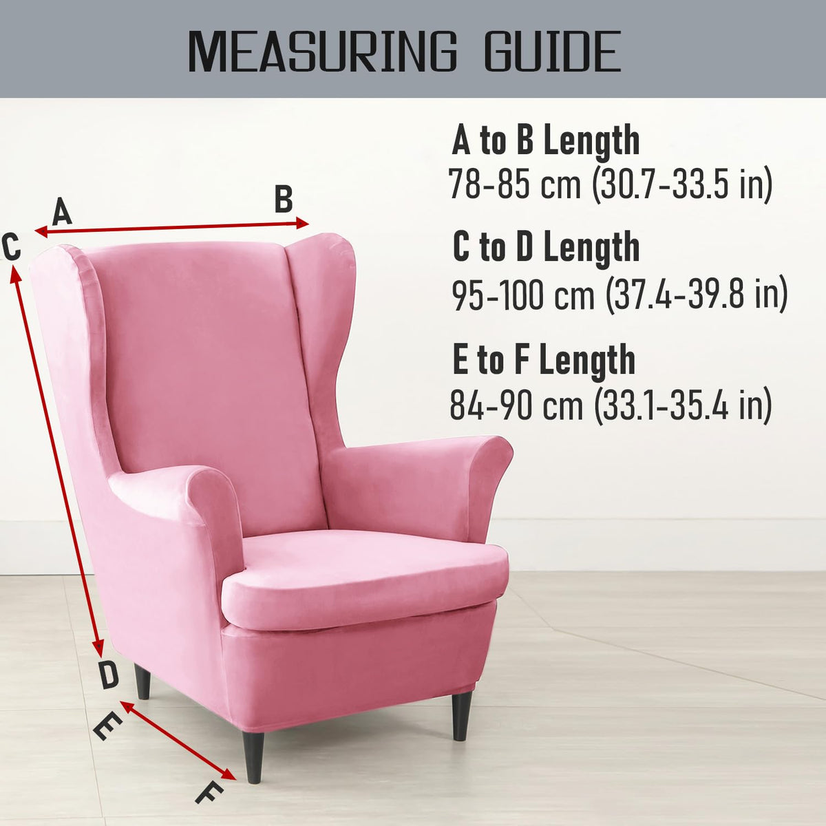 Size Guide for Pink Premium Velvet Chair Covers for Wingback Chairs