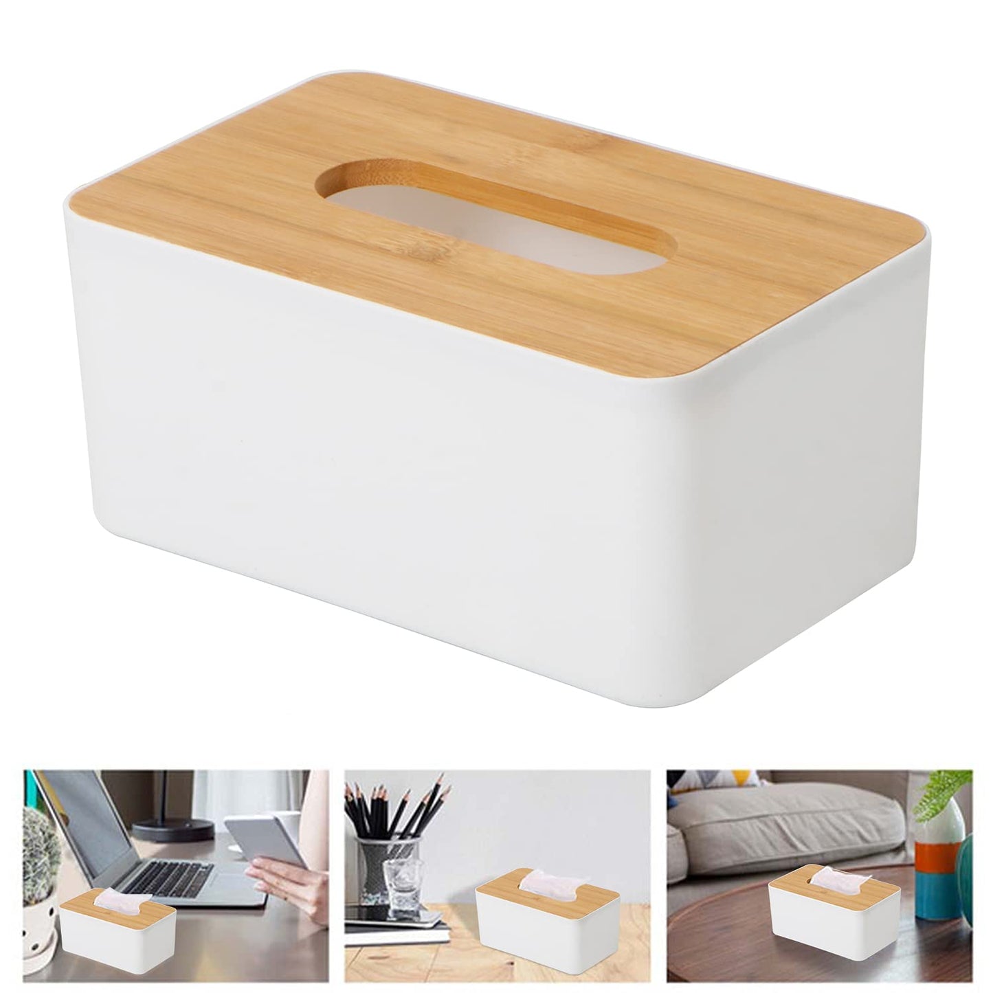 Bamboo Cover Plastic Tissue Box Holder, Tissue Paper Holder Box Case, Tissue Holder Dispenser Organizer for Car Decor Home, 21x12.5x9.5 cm