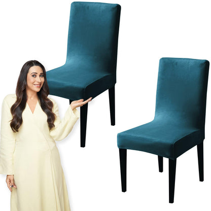 Elastic Stretchable Premium Velvet Dining Chair Cover, Peacock Blue
