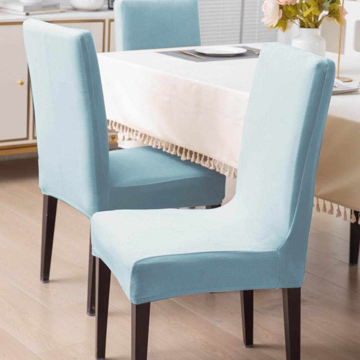 Elastic Stretchable Premium Velvet Dining Chair Cover, Sky Blue
